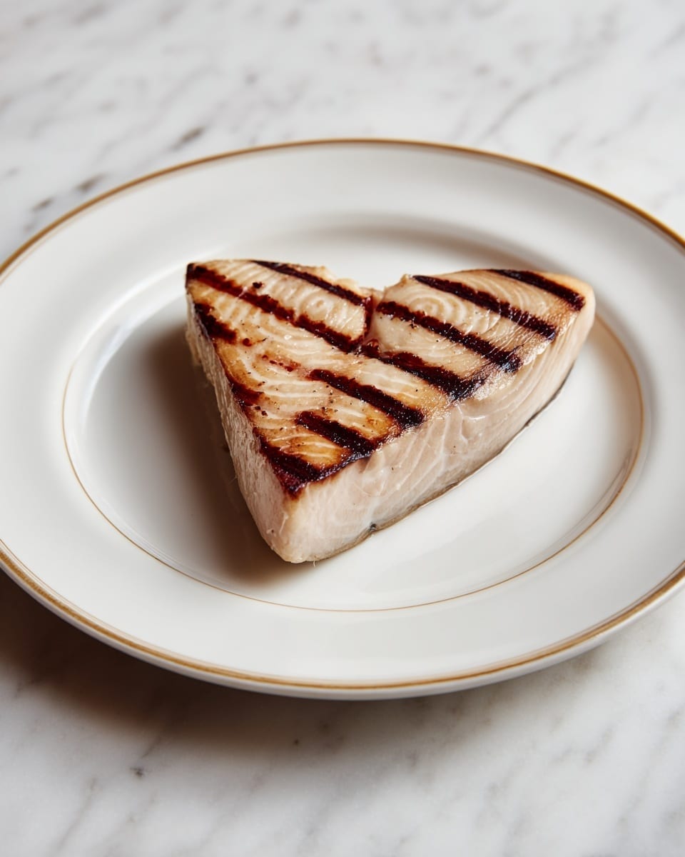 A thick, triangular grilled fish steak with dark brown grill marks and a slightly charred edge sits alone at the center of a white plate with a simple light brown rim. The fish has a smooth, textured surface with curved lines visible along the steak, showing the cooking details. The plate is placed on a white marbled surface, creating a clean and simple setting for the piece of fish. photo taken with an iphone --ar 4:5 --v 7
