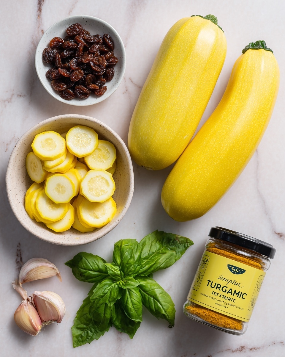 The image shows two whole yellow zucchinis on the top right lying on a white marbled surface. Below them is a white bowl filled with round, thinly sliced yellow zucchini pieces. On the left side near the top is a small white bowl filled with dark brown raisins. Below that are two lemon halves, placed cut side up, showing pale yellow flesh. Below the lemon halves is a bunch of fresh green basil leaves. Near the bottom right is a glass spice jar labeled