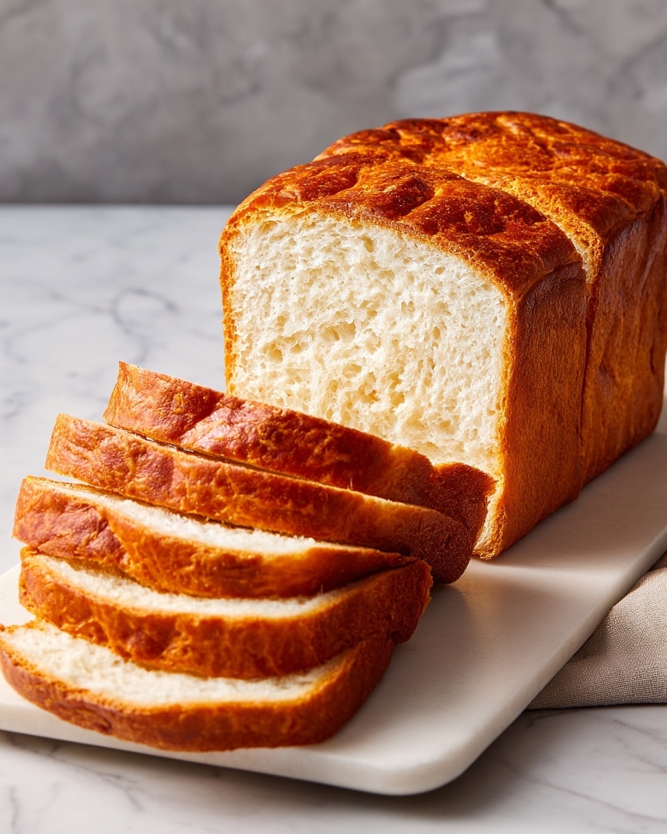 A loaf of golden-brown bread with a textured top is shown with six slices laid out in front of it. The bread has a soft, fluffy white inside with a smooth and even crust around the edges. The slices are placed overlapping on a long white plate that rests on a white marbled surface. The background is a plain gray, giving focus to the bread. photo taken with an iphone --ar 4:5 --v 7