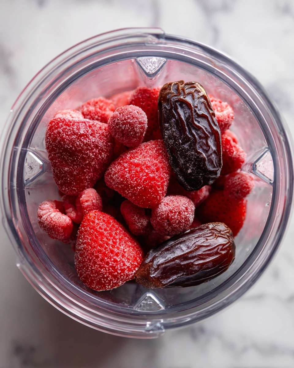 Inside a clear blender jar, there are frozen and fresh ingredients arranged in one visible layer. The layer consists of bright red frozen strawberries showing frosty texture and a couple of dark brown dried dates with wrinkled skin placed on top. The jar and the items inside rest on a white marbled surface, giving a clean and fresh look. The photo was taken with an iphone --ar 4:5 --v 7