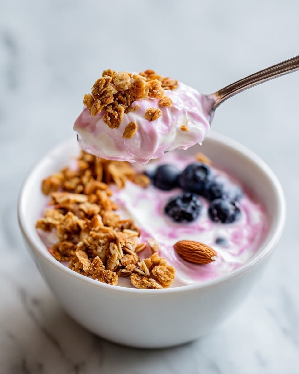 A white spoon is lifting a scoop of pink creamy yogurt mixed with small chunks of golden brown toasted granola. The yogurt bowl is white and filled with layers from bottom to top including light pink yogurt, topped with clusters of crunchy granola and whole blueberries resting on one side. The granola pieces have a toasted texture with slight shine, and there is also one almond visible near the edge. The background is a smooth white marbled surface. Photo taken with an iphone --ar 4:5 --v 7