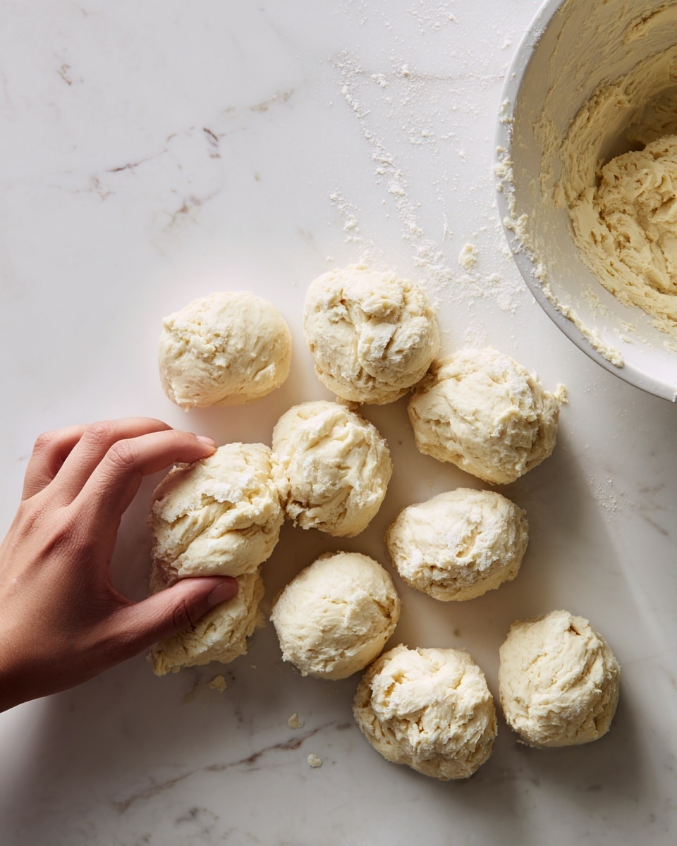 The image shows multiple small lumps of dough placed on a white marbled surface. The dough pieces are irregular in shape and light beige in color with a slightly rough texture. A woman's hand is seen on the left side, touching or arranging one of the dough lumps. In the upper right corner, part of a white bowl with some dough residue inside is visible. The scene looks simple and clean with a focus on the dough pieces and the woman's hand moving them. photo taken with an iphone --ar 4:5 --v 7