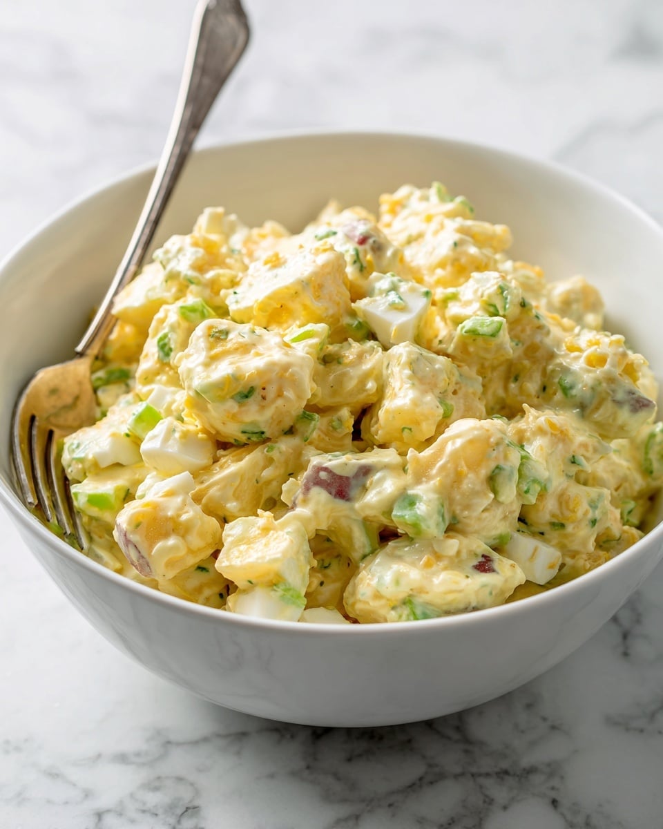 A white bowl filled with chunky potato salad that has a creamy, pale yellow dressing. The salad includes pieces of potato with their brownish skin, small bits of white egg, and tiny green specks likely from celery or herbs. The mixture looks thick and slightly textured. The bowl sits on a white marbled surface, and a silver fork is placed inside the bowl. photo taken with an iphone --ar 4:5 --v 7