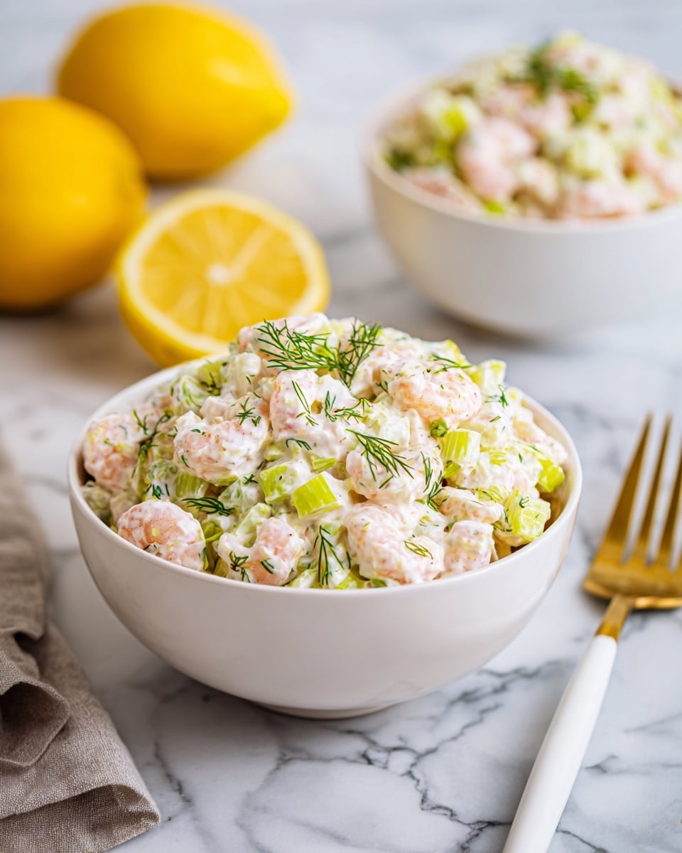 A white bowl filled with a creamy shrimp salad, the top layer showing small pink shrimp sprinkled with green dill and mixed with small pieces of light green celery. The creamy texture underneath is slightly visible, giving the salad a soft look. In the background, there are halved bright yellow lemons and another white bowl with the same shrimp salad, all placed on a white marbled surface. A gold fork with a white handle rests near the bowl. Photo taken with an iphone --ar 4:5 --v 7
