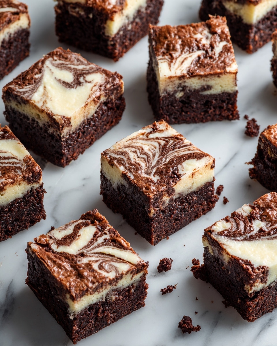 The image shows fifteen square brownies arranged on a white marbled surface. Each brownie has two visible layers: a dark brown, rich chocolate base with a rough and crumbly texture, and a creamy white layer swirled unevenly on top, creating a marbled effect. Some pieces have crumbs scattered around them, and one brownie is slightly tilted, revealing the thickness of the chocolate layer. The brownies look dense and moist with a smooth yet swirled cream pattern on top. photo taken with an iphone --ar 4:5 --v 7