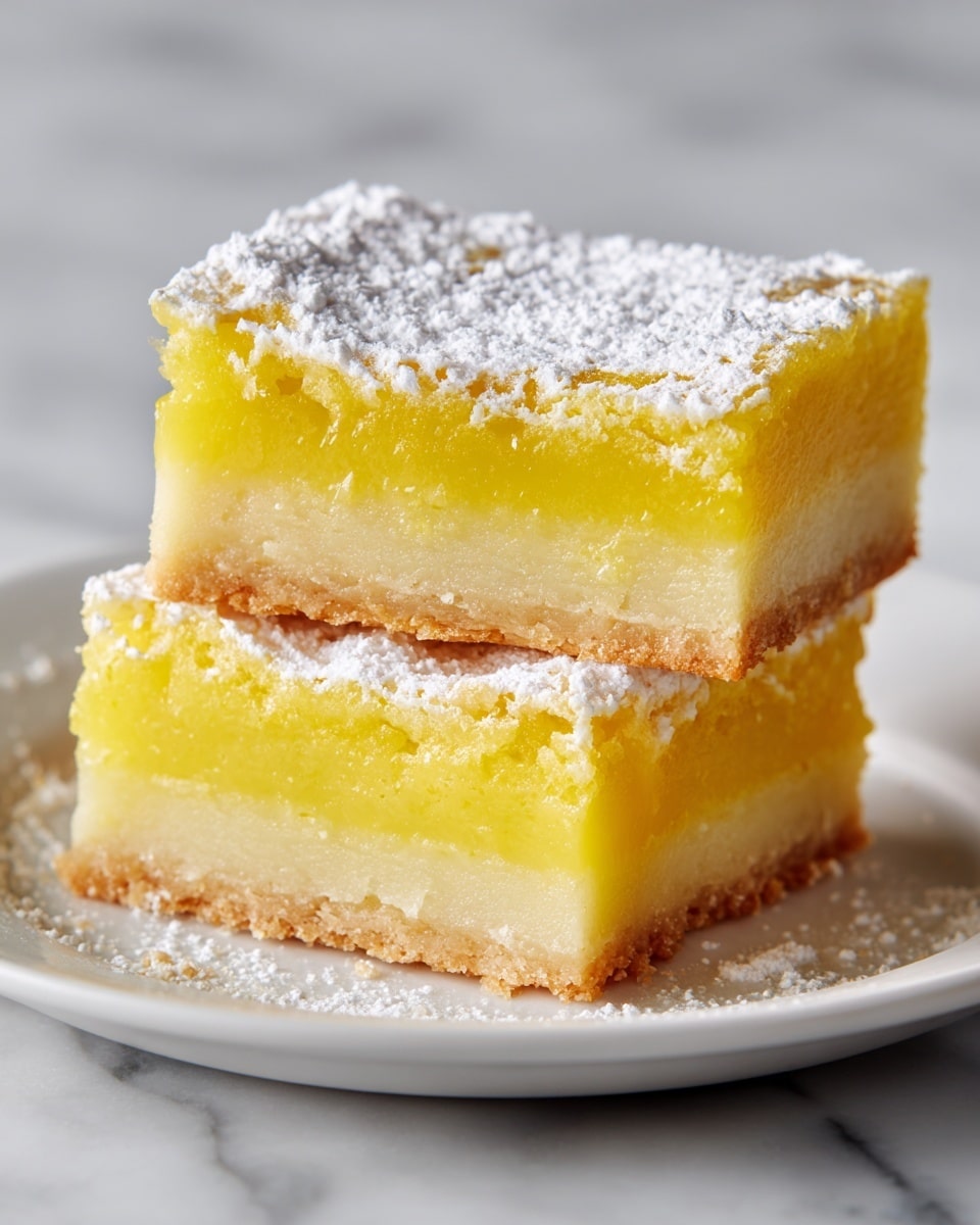 Two yellow lemon bars are stacked on a white plate on a white marbled surface. Each bar has two layers: a thicker bottom crust that is pale yellow and slightly crumbly, and a thick, smooth, glossy lemon filling that is a brighter yellow. The top bar is dusted with a light layer of powdered sugar, giving a soft white finish. The edges of the bars are slightly rough, showing their soft texture inside. The photo taken with an iphone --ar 4:5 --v 7