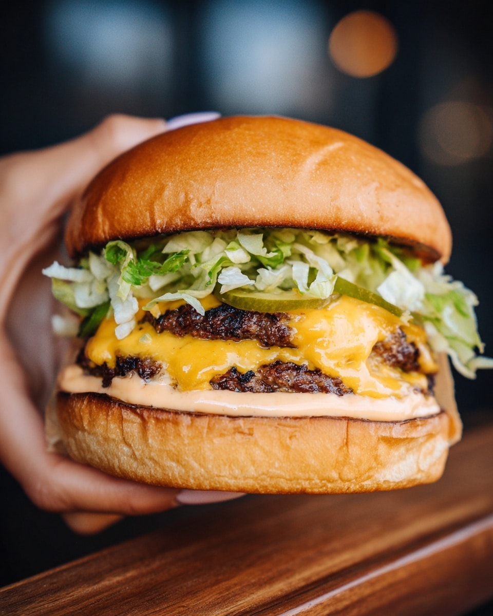 A close-up image of a cheeseburger held by a woman's hand on each side, showing a soft, smooth light brown bun on top. Below the bun is a layer of shredded green lettuce, with some bright green pickle slices underneath. A creamy light orange sauce spreads under the pickles. Two grilled burger patties with a charred texture create the base, with melted bright yellow-orange cheese dripping over them. The burger rests on a soft, light golden bun bottom, placed on a wooden surface with a blurred dark background. photo taken with an iphone --ar 4:5 --v 7