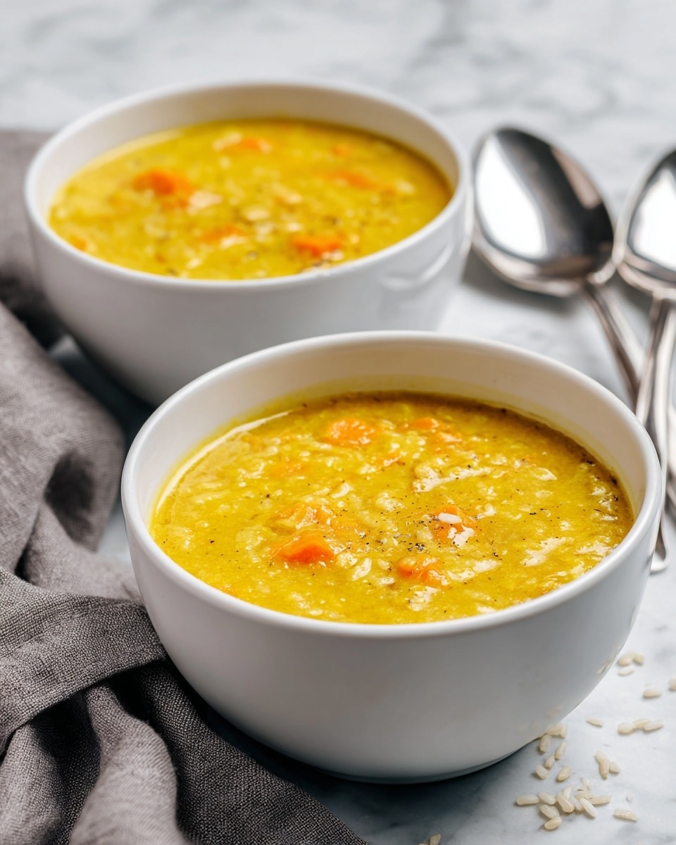 Two white bowls filled with thick, yellow soup that has small chunks of orange carrot and white rice visible inside. The soup looks creamy and smooth with a slightly glossy texture. The bowls sit on a white marbled surface with some loose grains of rice scattered around. Next to the bowls, there is a grey cloth with two shiny silver spoons resting on it. photo taken with an iphone --ar 4:5 --v 7