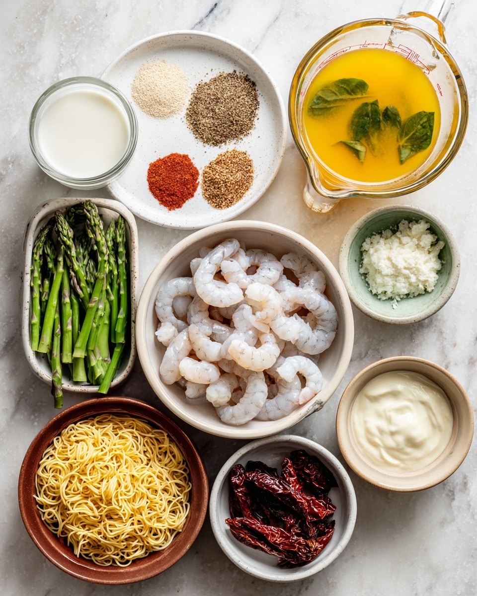 A top-down view of nine small bowls and a clear measuring jug arranged on a white marbled surface, each bowl holding different cooking ingredients: the center bowl contains a pile of peeled raw shrimp that are white with light pink tones; above it, a white plate holds piles of four spices with colors ranging from white, beige, brown, to bright red; to the right, the clear measuring jug is filled with yellow-orange liquid with floating green herbs; below the spices, a small bowl holds finely chopped white garlic; bottom left, a glass jug is filled with white milk; to the lower center right, a brown bowl contains uncooked yellow orzo pasta; below that, a white bowl contains chopped green asparagus; next to it, a white bowl holds dark red sun-dried tomatoes; and a small white cup filled with pale yellow cream is placed right of the shrimp; scattered spinach leaves add green accents around the bowls. Photo taken with an iphone --ar 4:5 --v 7