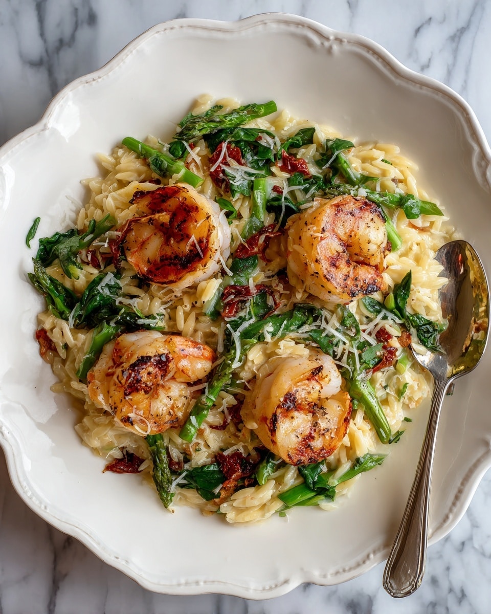 A white scalloped plate holds three large shrimp with a light brown grilled surface, positioned on top of a creamy bed of orzo pasta mixed with small pieces of green asparagus and wilted spinach leaves. Scattered among the pasta are bits of sun-dried tomatoes adding a deep red color, with a light sprinkling of grated cheese over the shrimp and pasta. A silver spoon rests on the right side of the plate, all set on a white marbled surface. Photo taken with an iphone --ar 4:5 --v 7