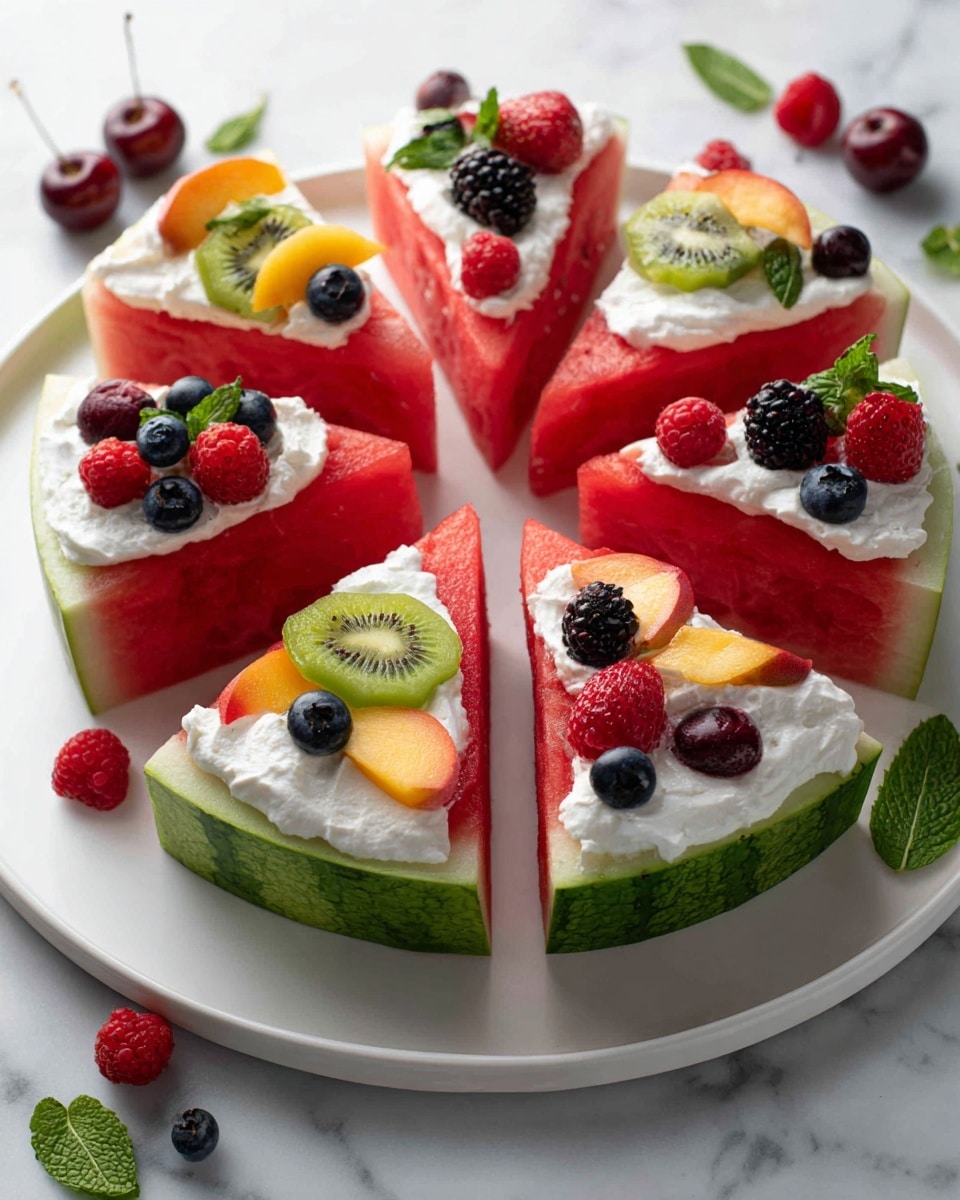 A round wooden board holds eight slice-shaped watermelon pieces arranged in a circle like pizza slices. Each watermelon slice has three layers: the thick green rind at the edge, a white thin layer beneath it, and a bright red juicy flesh. On top of each slice, there is a smooth white cream layer that holds different colorful fresh fruits. The fruit toppings include red strawberries, black blackberries, red and yellow cherries, red raspberries, blue blueberries, green kiwi slices, and red cherries, with small green mint leaves as decoration. The background is a white marbled surface with more scattered berries and fruits. Photo taken with an iphone --ar 4:5 --v 7