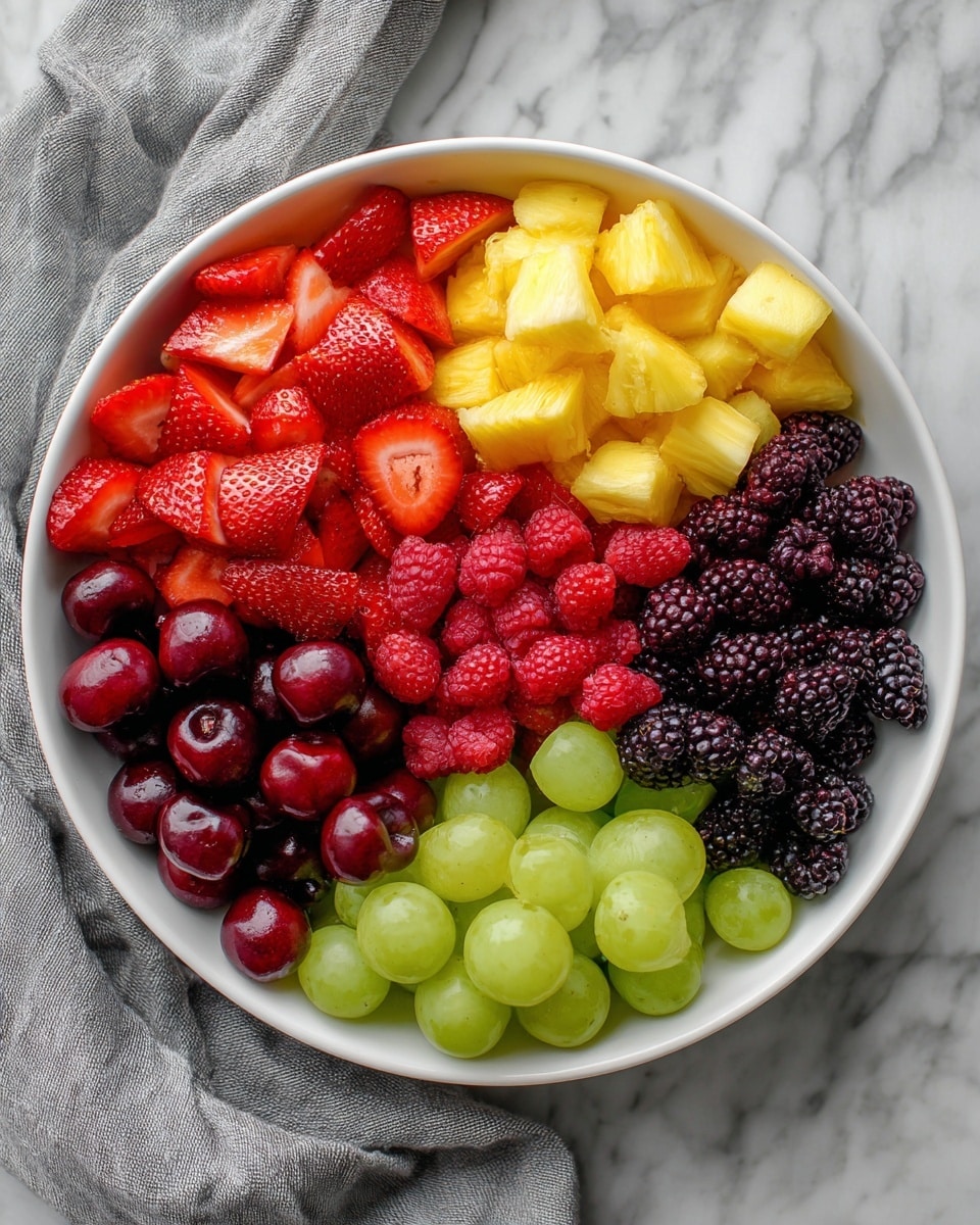 A white bowl holds six separate groups of fresh fruit arranged side by side. Starting from the top, there is a layer of bright red, cut strawberries with a shiny texture, next to chunky yellow pineapple pieces with a juicy look. Below them, dark purple whole cherries fill a section, followed by a cluster of small bright red raspberries with a bumpy surface. Next to the raspberries, there are small black blackberries showing a textured surface, and lastly, bright green grapes with a smooth skin fill the remaining space. The bowl sits on a white marbled surface with a gray cloth partially visible. Photo taken with an iphone --ar 4:5 --v 7
