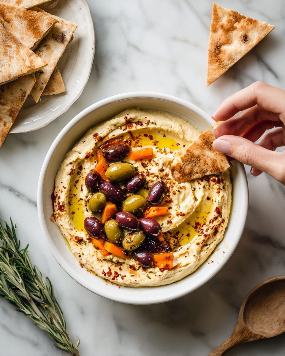 A white bowl sits on a white marbled surface filled with a creamy layer of beige hummus sprinkled lightly with red spices. On top, there is a mix of sliced dark purple and green olives with small pieces of orange carrot, all sitting in a drizzle of yellow olive oil. A woman's hand holds a piece of light brown pita bread dipped into the hummus near the center of the bowl. Nearby to the left, there is a white plate with more triangular pieces of pita bread stacked on top of each other. To the top left, some green vegetable stalks are partially visible, and a wooden spoon lies to the right on the marbled surface. Photo taken with an iphone --ar 4:5 --v 7