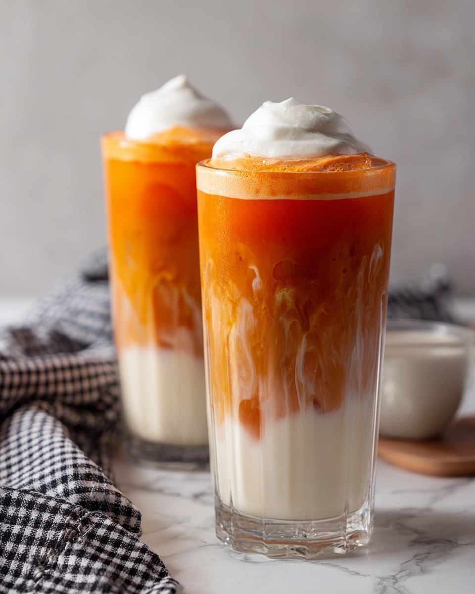 Two tall clear glasses filled with a layered drink. The bottom layer is creamy white with smooth texture, followed by a thick orange layer with a slightly foamy texture that swirls around the white layer inside. On top of the orange layer, there is a dollop of white cream that looks soft and fluffy. The glasses sit on a white marbled surface with a black and white checkered cloth nearby. Photo taken with an iphone --ar 4:5 --v 7
