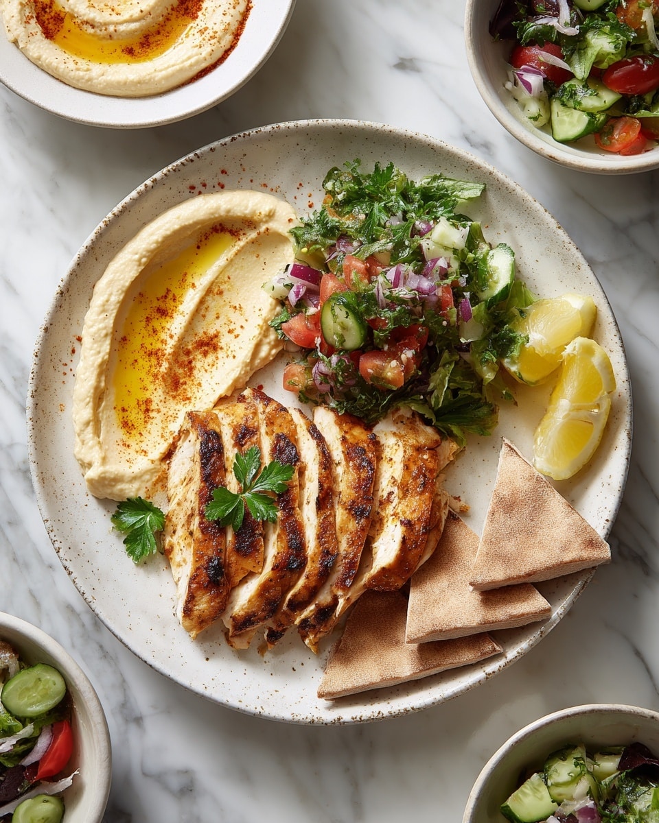 A white speckled round plate holds four layers of light brown pita bread triangles at the bottom, beside which sit three thin slices of grilled chicken with a light char and fresh green parsley leaves on top, positioned on the right. Above the pita bread, there is a small scoop of chopped vegetable salad in bright colors including red tomatoes, dark purple onions, green cucumbers, and herbs. To the upper left of the plate, a large scoop of creamy pale yellow hummus is swirled with a light drizzle of olive oil and a sprinkle of paprika. Two thin lemon slices rest near the bottom right edge of the plate. The background is a white marbled surface with parts of other small white bowls containing salad and hummus slightly visible. Photo taken with an iphone --ar 4:5 --v 7