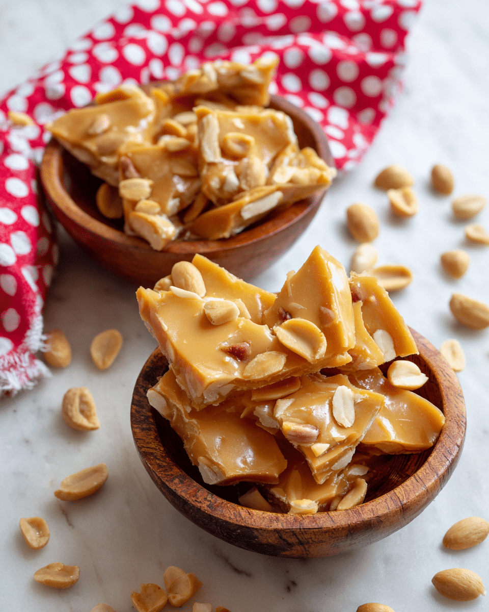 The image shows two rustic wooden bowls filled with pieces of light golden peanut brittle, each piece smooth and glossy with visible whole peanuts embedded inside. The pieces are irregularly shaped and stacked unevenly, giving a natural and homemade feel. Around the bowls, there are scattered peanuts and peanut brittle pieces on a white marbled surface. A white cloth with red polka dots is loosely draped in the background, adding a pop of color to the scene. The overall colors are warm and inviting with a bright, natural light. photo taken with an iphone --ar 4:5 --v 7