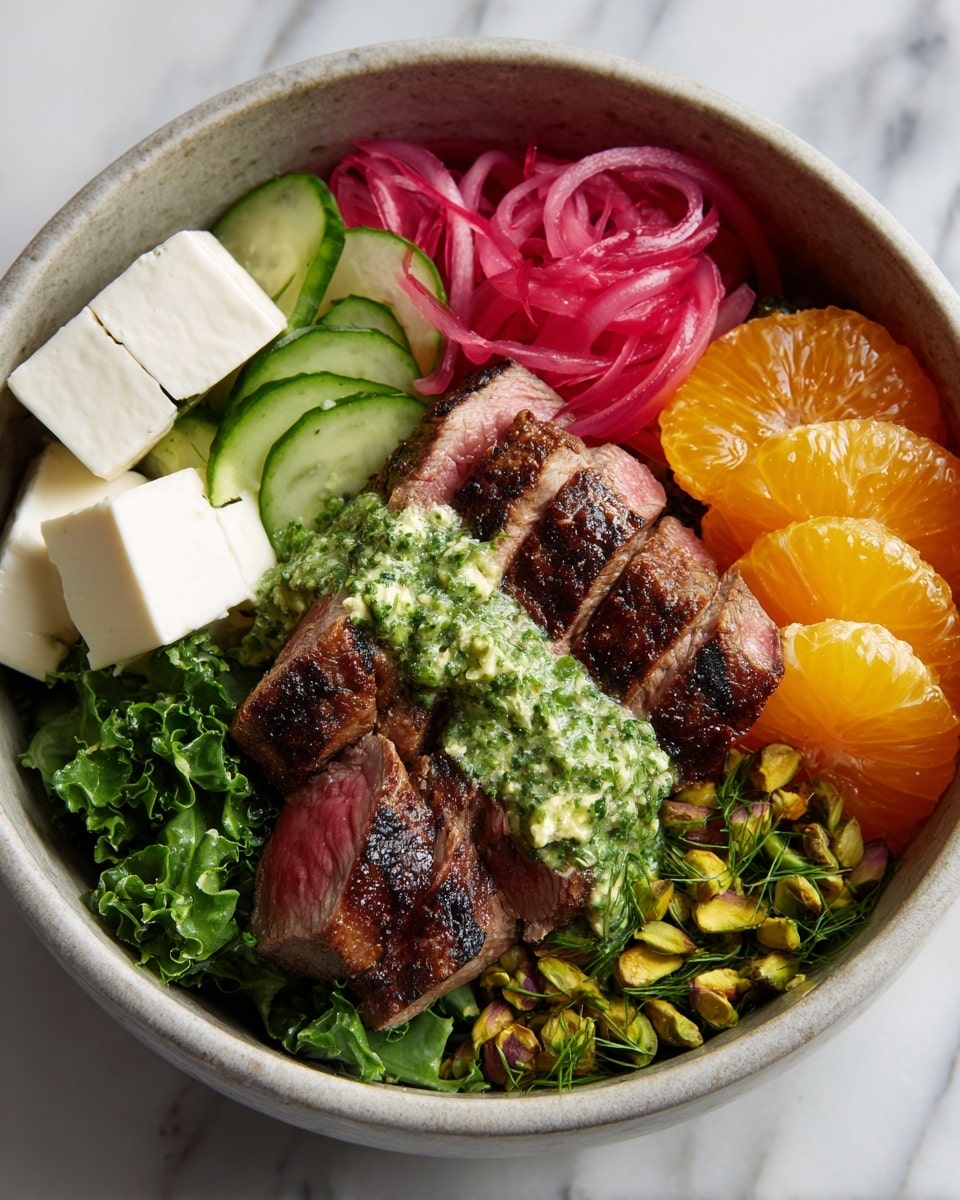 A bowl with five layers of food arranged in a circle on a white marbled texture surface: at the bottom left are white blocks of soft cheese, above it is a bed of green leafy lettuce and kale, next to it thinly sliced light green cucumber rounds form a thick layer, in the center layer slices of medium-rare grilled steak with a dark brown crust and pink inside are topped with a thick, creamy green sauce speckled with herbs, on the right side bright pink pickled onion spirals sit above finely chopped green pistachios, and at the bottom right bright orange mandarin slices complete the bowl photo taken with an iphone --ar 4:5 --v 7