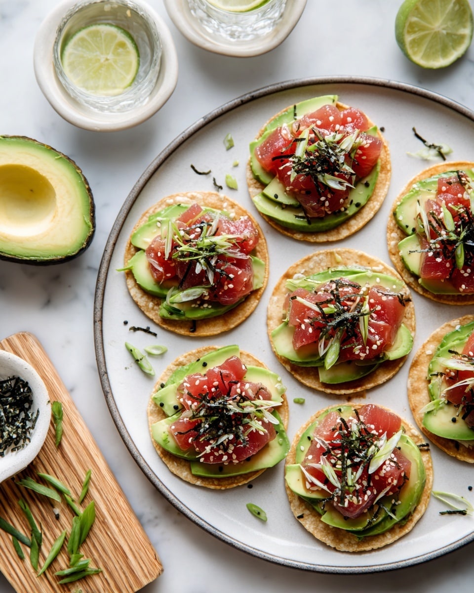 The image shows small tacos arranged on round, white plates with a light gray rim on a white marbled surface. Each taco has three layers: a beige crispy tortilla base, sliced light green avocado arranged over the tortilla, and bright red chunks of raw tuna fish on top. Thin strips of translucent white onion and green chopped scallions are spread on the tuna, sprinkled with white sesame seeds and dark green seaweed flakes. Around the plate, there are small green scallions pieces scattered and a wooden board with a halved light green avocado and a knife. In the background, a small white bowl with a lime slice floating in water and a white bowl with seasoning can be seen. Photo taken with an iphone --ar 4:5 --v 7