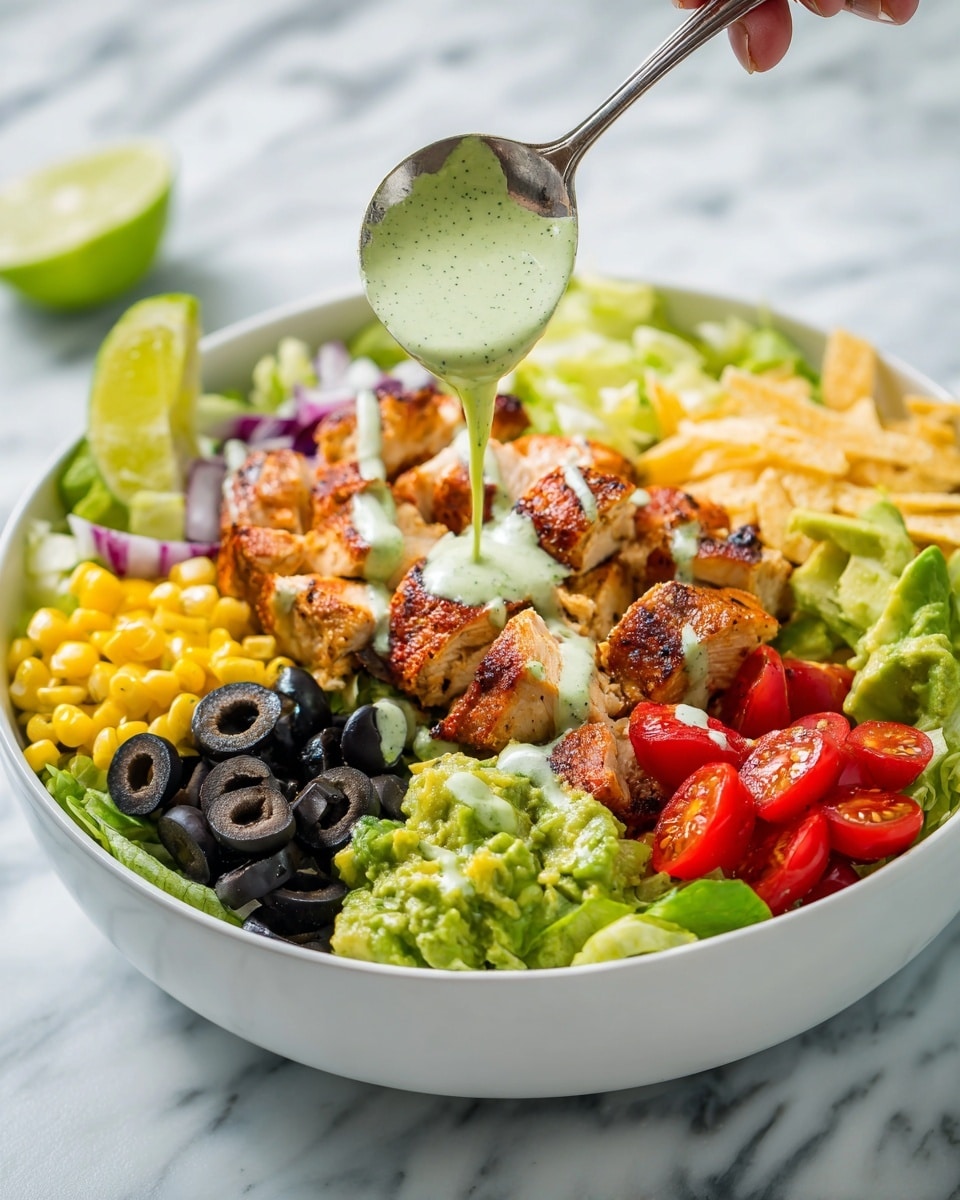 A white bowl filled with a colorful salad is set on a white marbled surface. At the base is a layer of green lettuce, topped with chopped grilled chicken pieces that are golden brown. Around the chicken are rings of black olives, yellow corn kernels, shredded cheese, bright red cherry tomatoes, slices of green avocado, and dollops of green guacamole and sour cream. Lime wedges and thin, crispy strips of tortilla are placed around the edges. A woman's hand holds a spoon above the bowl, pouring a light green dressing over the chicken. Photo taken with an iphone --ar 4:5 --v 7