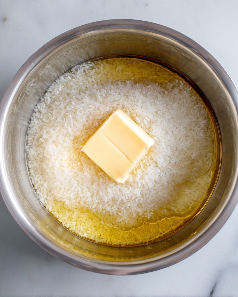 Inside a shiny stainless steel pot, a single small cube of pale yellow butter sits on top of a layer of dry, white rice grains that cover the bottom of the pot evenly. Around the rice and butter, melted butter pools, forming a glossy golden layer that slightly soaks into the rice near the edges. The scene is bright and clear with a white marbled surface beneath the pot visible at the bottom edge. Photo taken with an iphone --ar 4:5 --v 7