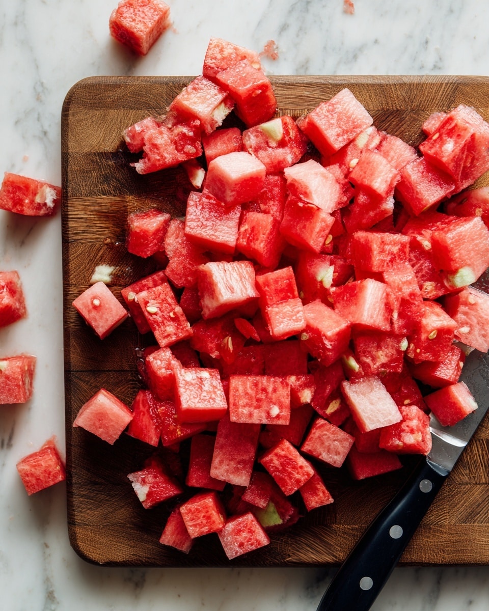 The image shows a dark wooden cutting board placed on a white marbled surface. On the board, there are many small, evenly chopped watermelon cubes scattered across most of the surface, with a few pieces clustered near the edges. The watermelon pieces are a bright red color with some showing light pink rind edges. A black-handled knife rests on the lower right side of the board, partially under some watermelon pieces. The scene is brightly lit, with the juicy texture of the watermelon clearly visible. photo taken with an iphone --ar 4:5 --v 7