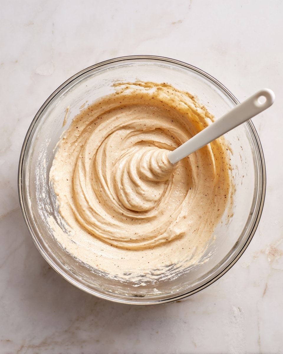 A clear glass bowl sits on a white marbled surface filled with a smooth, creamy mixture that is light beige with small darker specks throughout. A white mixing spoon with a round end is partially dipped into the mixture, with its handle resting toward the upper right of the image, showing a gently swirled texture on top of the mixture, indicating it has been just stirred. The inside sides of the bowl show remnants of the mixture, adding a rough texture around the edges. The lighting highlights the softness and creaminess of the mixture photo taken with an iphone --ar 4:5 --v 7