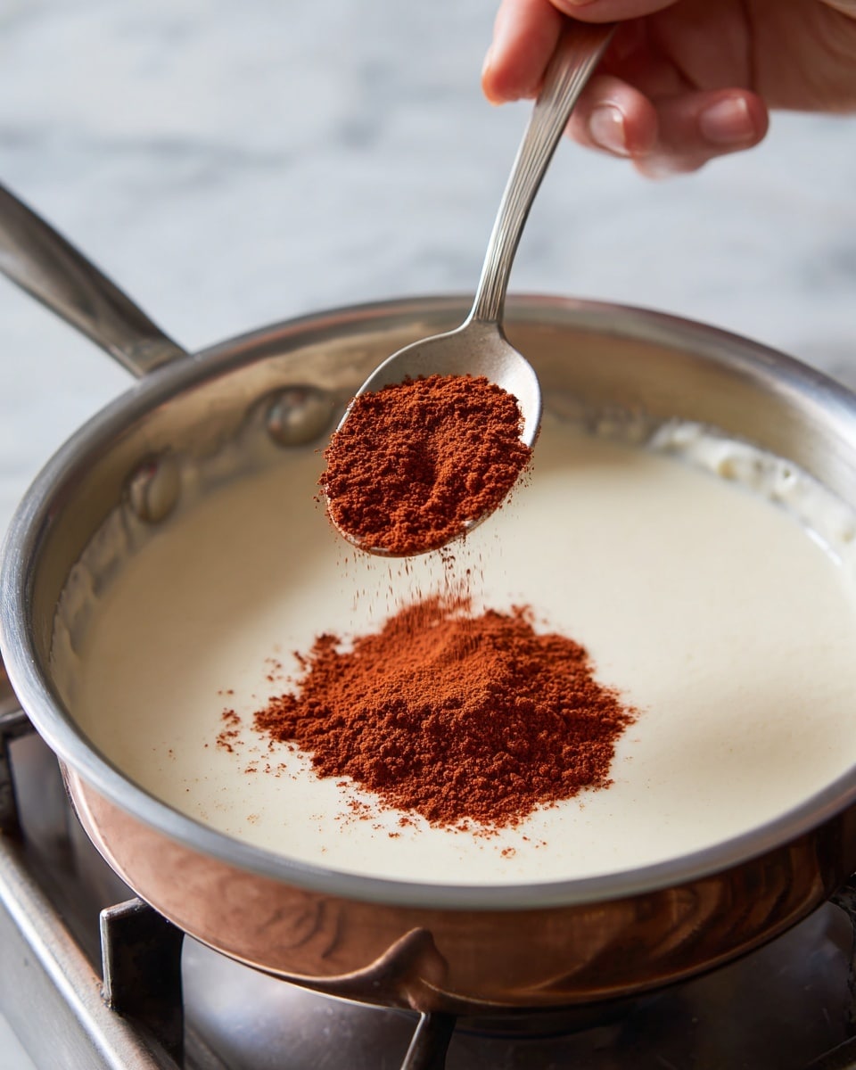 A close-up photo shows a silver pan filled with a smooth, white liquid. A woman's hand holds a small metal spoon above the pan, sprinkling a small pile of reddish brown powder into the liquid. The pan sits on a stove with a white marbled surface below it. The liquid looks creamy and thick, and the reddish brown powder stands out clearly against the white backdrop. Photo taken with an iphone --ar 4:5 --v 7