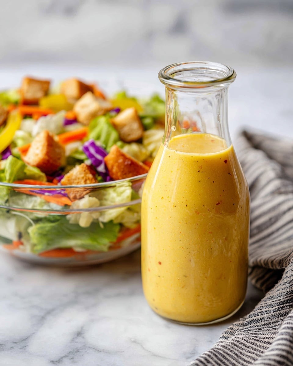 A clear glass bottle filled with thick yellow salad dressing is placed in front of a white marbled surface, showing small specks of herbs and spices inside the dressing. Behind the bottle, there is a clear glass bowl filled with a colorful salad, including light green lettuce, orange carrot slices, purple cabbage, yellow pepperoncini, and light brown croutons on top. Part of a gray and white striped cloth is visible on the right side near the bottle. photo taken with an iphone --ar 4:5 --v 7