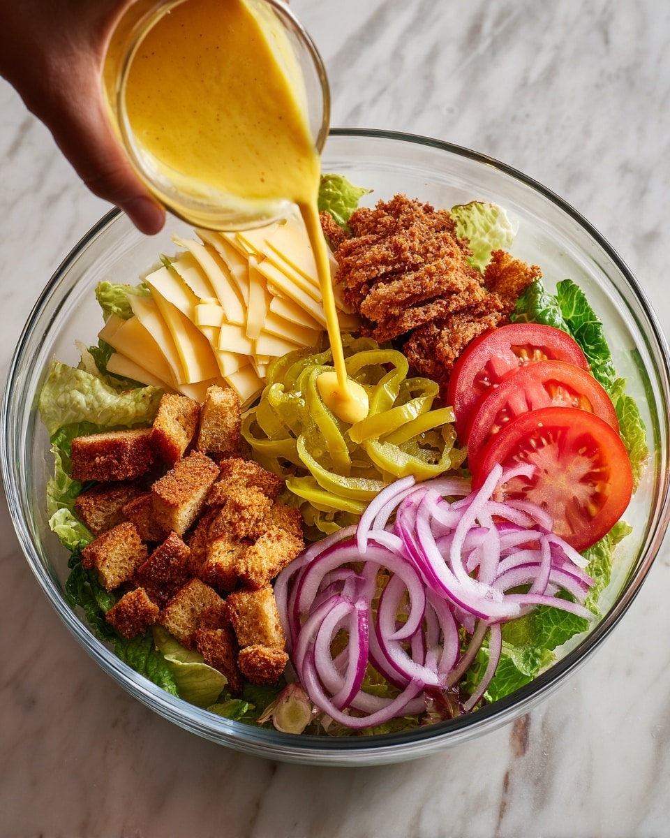 In a clear bowl filled with fresh green lettuce leaves at the bottom, there are several layers of ingredients arranged neatly on top. On one side, there are golden brown crispy croutons stacked, next to thin, light yellow slices of cheese. In the center, bright yellow-green pepperoncini peppers lie on the lettuce. Slices of red tomato and thin rings of purple onion are placed next to the peppers. A woman's hand is pouring a thick yellow dressing over the onions, tomato, and lettuce. The bowl sits on a white marbled surface. photo taken with an iphone --ar 4:5 --v 7