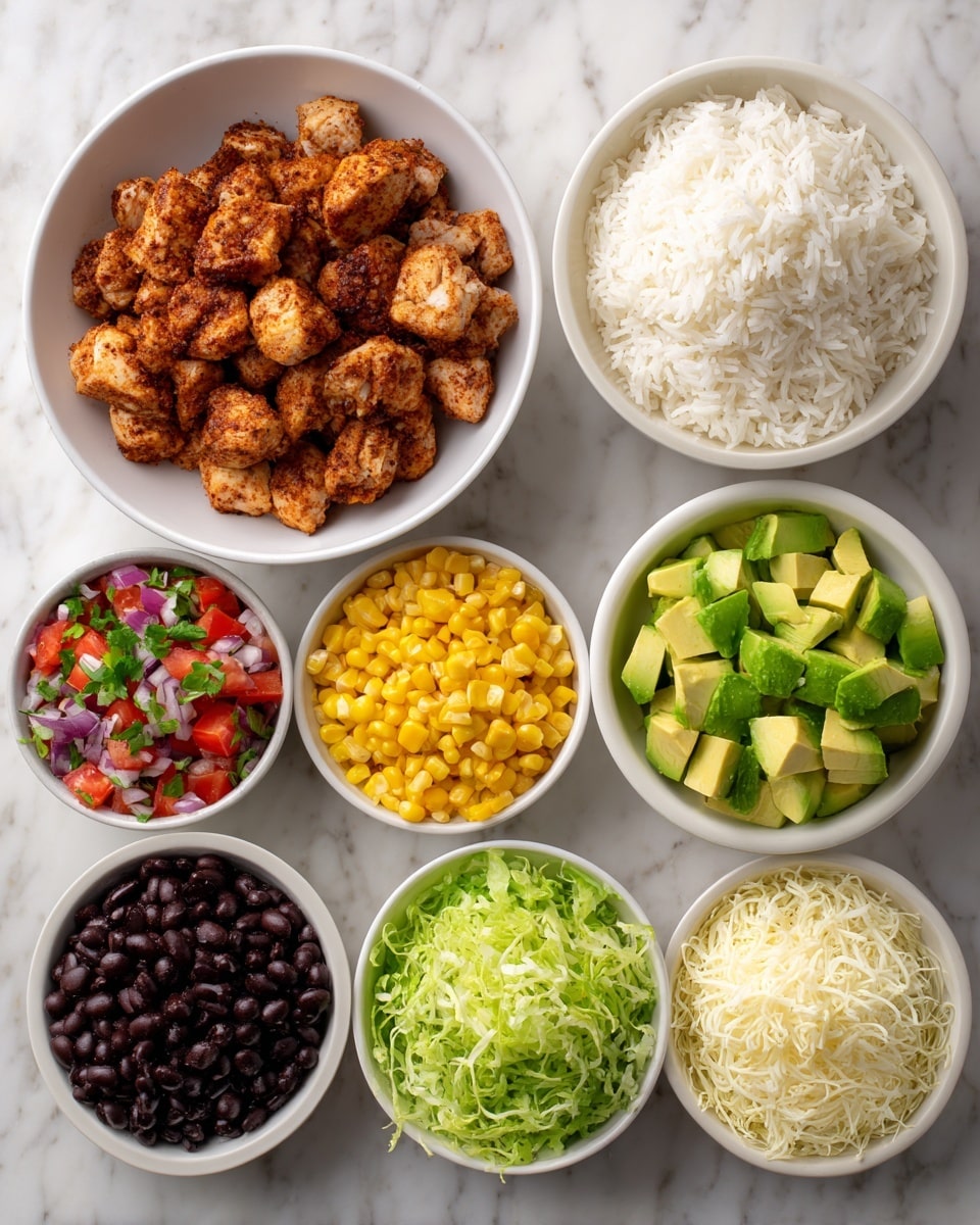 The image shows eight white bowls arranged on a white marbled surface. The largest bowl on the left holds cooked, browned seasoned chicken pieces with a textured, slightly crispy surface. Next to it, a medium bowl of white steamed rice with soft, fluffy grains. Above and to the right of the rice, a bowl contains a colorful salsa mix of red diced tomatoes, finely chopped red onions, and small green herb pieces. To the right of the salsa, a bowl filled with cubed avocado pieces, light green with smooth texture. Below the salsa, a bowl is full of bright yellow corn kernels, shiny and plump. To the left of the corn, a bowl holds dark black beans with a glossy surface. Below the black beans, another bowl contains shredded green lettuce with a fresh, leafy look. The smallest bowl on the bottom right is filled with finely shredded white cheese, soft and fluffy in texture. Photo taken with an iphone --ar 4:5 --v 7