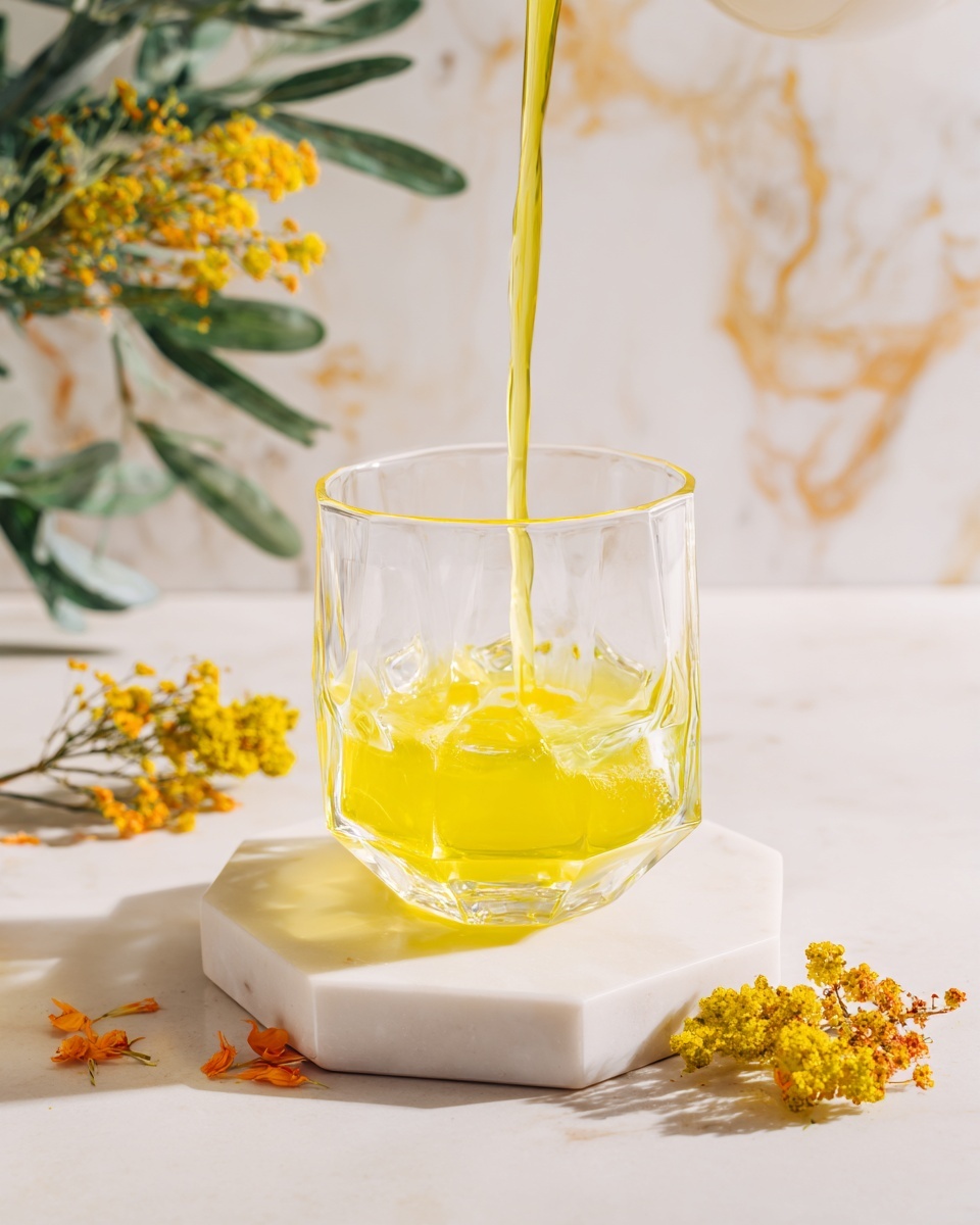 A clear, wavy glass sits in the center of a white hexagonal coaster on a white marbled surface. Bright yellow juice is poured into the glass from above, creating a smooth, flowing stream. Around the glass, there are small yellow flowers and orange flower petals scattered, adding color contrast. The background includes a green plant on the left and a white marbled texture behind. The scene looks fresh and natural. photo taken with an iphone --ar 4:5 --v 7