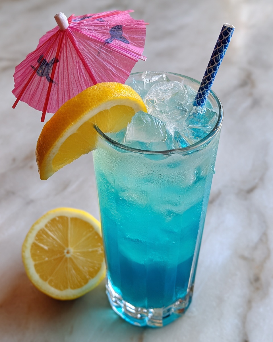 A tall clear glass is filled with bright blue liquid and ice cubes. On top, a yellow lemon wedge is placed on the rim of the glass, and a small pink paper umbrella is opened right beside it. A blue straw with white fish scale patterns is sticking out from the drink. The glass is set on a white marbled surface. photo taken with an iphone --ar 4:5 --v 7