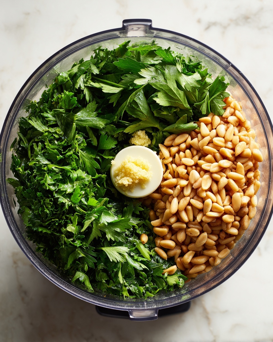 A clear food processor bowl is shown from above, filled with three main layers arranged closely. On the right side, there is a layer of light brown toasted pine nuts with a slightly shiny texture. The left and lower sections are covered with bright green fresh parsley leaves, their surfaces looking leafy and slightly wet. Near the center bottom, there is a small dollop of minced pale yellow garlic. The bowl is set on a white marbled surface. photo taken with an iphone --ar 4:5 --v 7