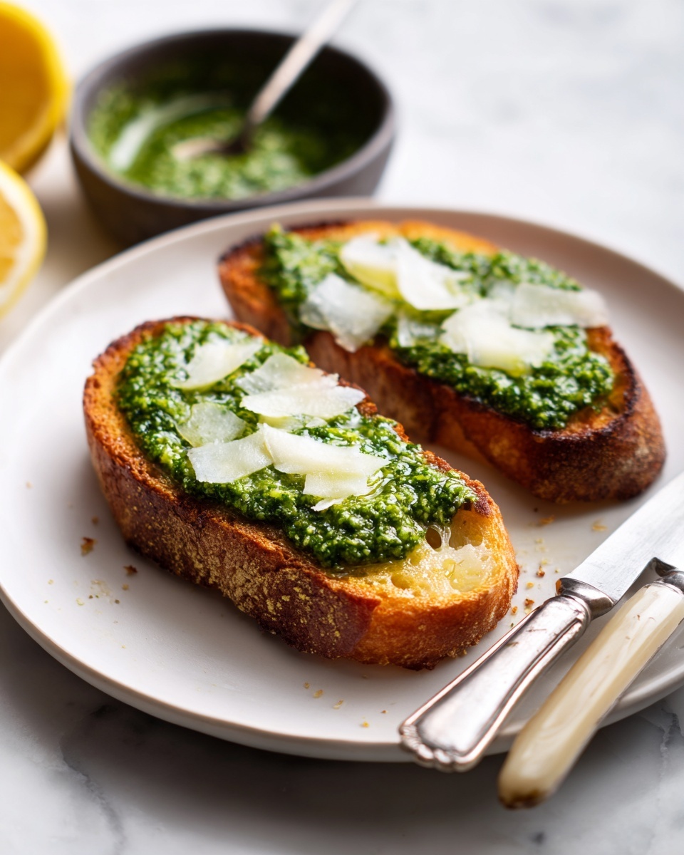 Two pieces of toasted bread are placed side by side on a white plate set on a white marbled surface. Each toast slice has a layer of green pesto spread across the top with a few shavings of pale cheese scattered on them. In the background, there is a dark bowl filled with green pesto and a silver spoon resting inside it. A silver knife with a light handle lies on the plate next to the bread, and a lemon half is partially visible on the left side. The overall lighting is soft, highlighting the textures of the toasted bread and pesto. photo taken with an iphone --ar 4:5 --v 7