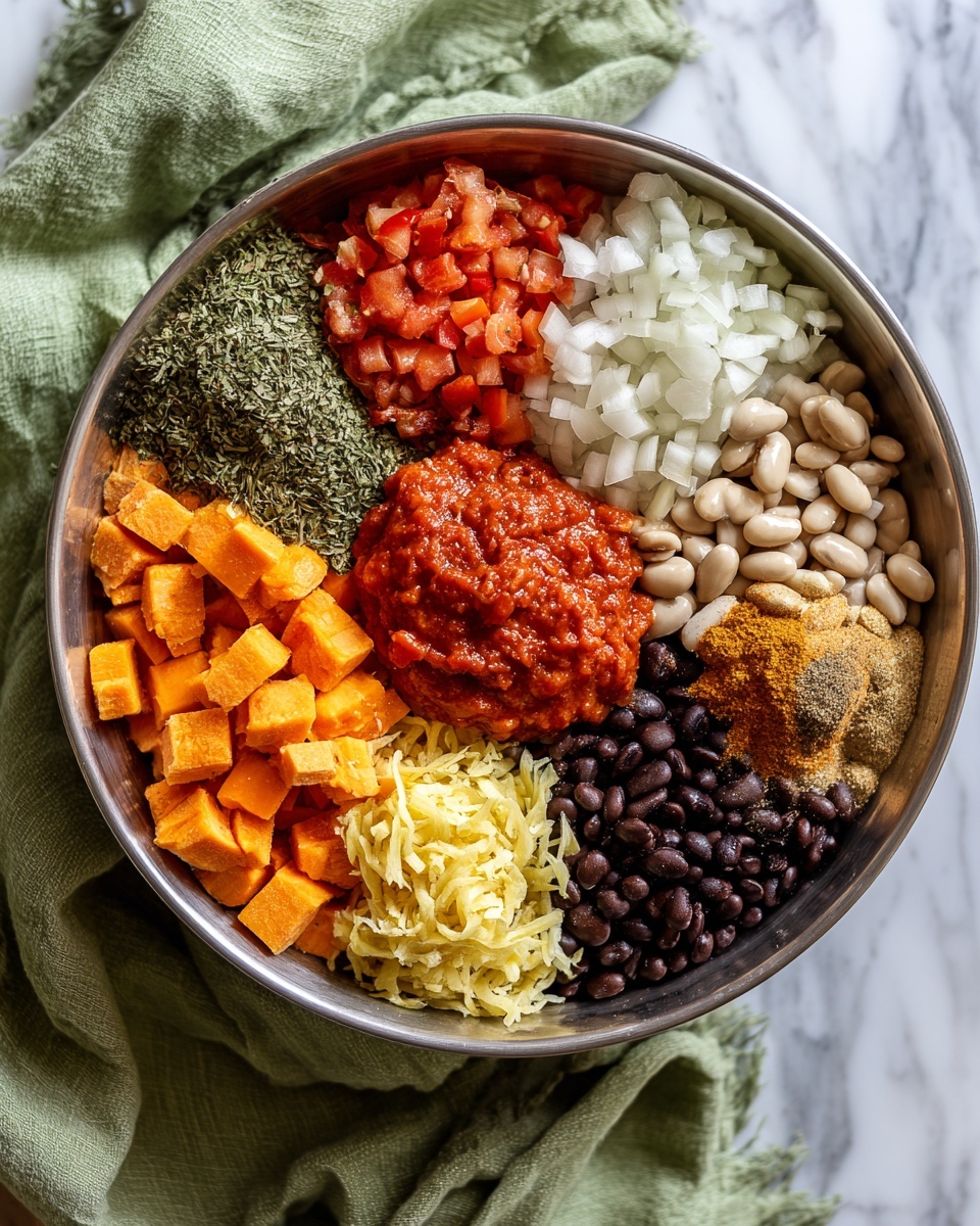 The image shows a large metal bowl filled with various chopped and whole ingredients neatly placed in sections. At the bottom are orange sweet potato cubes, above them finely chopped shredded yellow ginger, and beside it a large dollop of red tomato paste. Next to the tomato paste are two types of beans, one light beige and the other black, arranged side by side. Above the beans is a pile of dried green herbs. To the left of the herbs is a section of bright red chopped tomatoes, above that are white chopped onions, and to the far left are more orange chopped carrots. A few spices with a greenish-brown powder are sprinkled above the carrots. The bowl sits on a white marbled surface with a soft green cloth nearby. Photo taken with an iphone --ar 4:5 --v 7