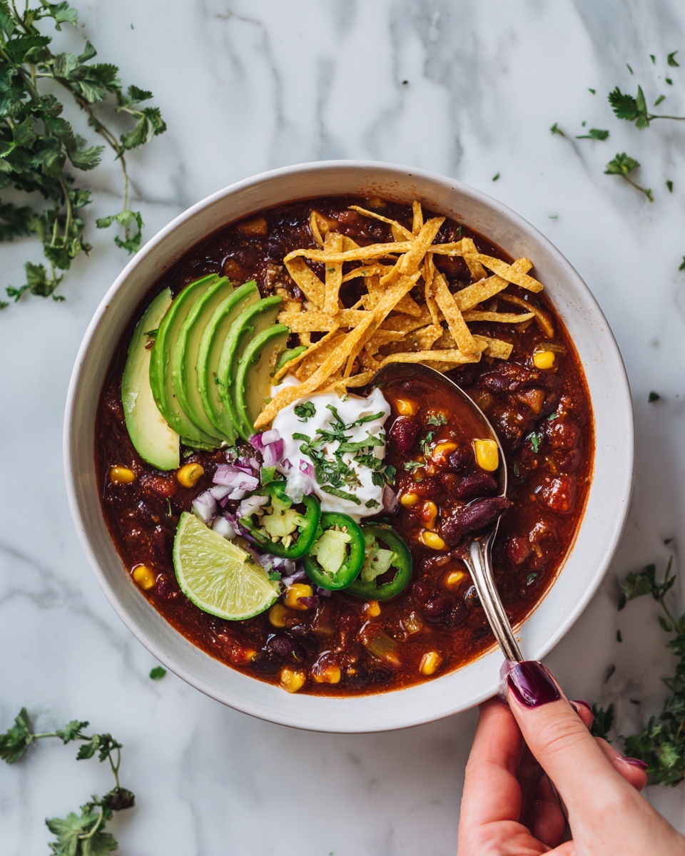 A white bowl filled with dark red chili that has visible black beans and corn pieces, topped with light yellow crispy tortilla strips scattered on the right and center. On the left side are three thin, light green avocado slices, next to bright green lime wedges. There are a few slices of green jalapeño peppers near the center, with some small purple onion pieces sprinkled around. A dollop of white sour cream sits in the middle, garnished with tiny green herb bits. A spoon inside the bowl lifts a scoop of the chili, and a woman's hand with dark red nail polish holds the spoon. The bowl sits on a white marbled surface with small green herb leaves nearby photo taken with an iphone --ar 4:5 --v 7