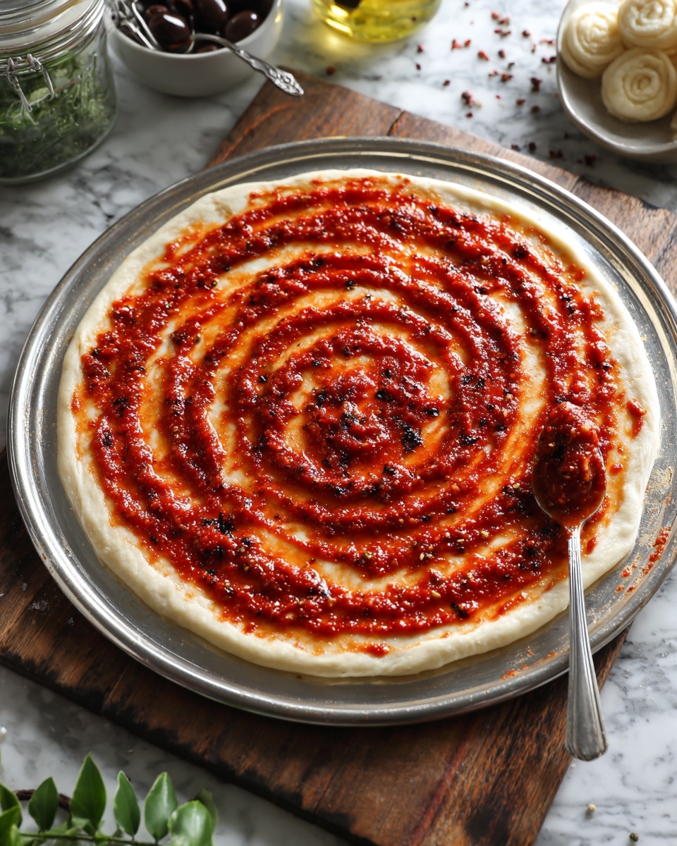 A round pizza dough base on a shiny silver tray, placed on a dark rustic wooden board. On top of the dough, there is a spiral layer of bright red tomato sauce with small black seasoning bits, starting from the center and going outward in even circular lines. A silver spoon with more sauce rests on the right side of the dough, spreading the sauce. In the background, blurred objects include a jar with a green lid, a small white bowl with green leaves, a spoon holding black olives, and some dough balls. The surface beneath all items is white marbled texture photo taken with an iphone --ar 4:5 --v 7