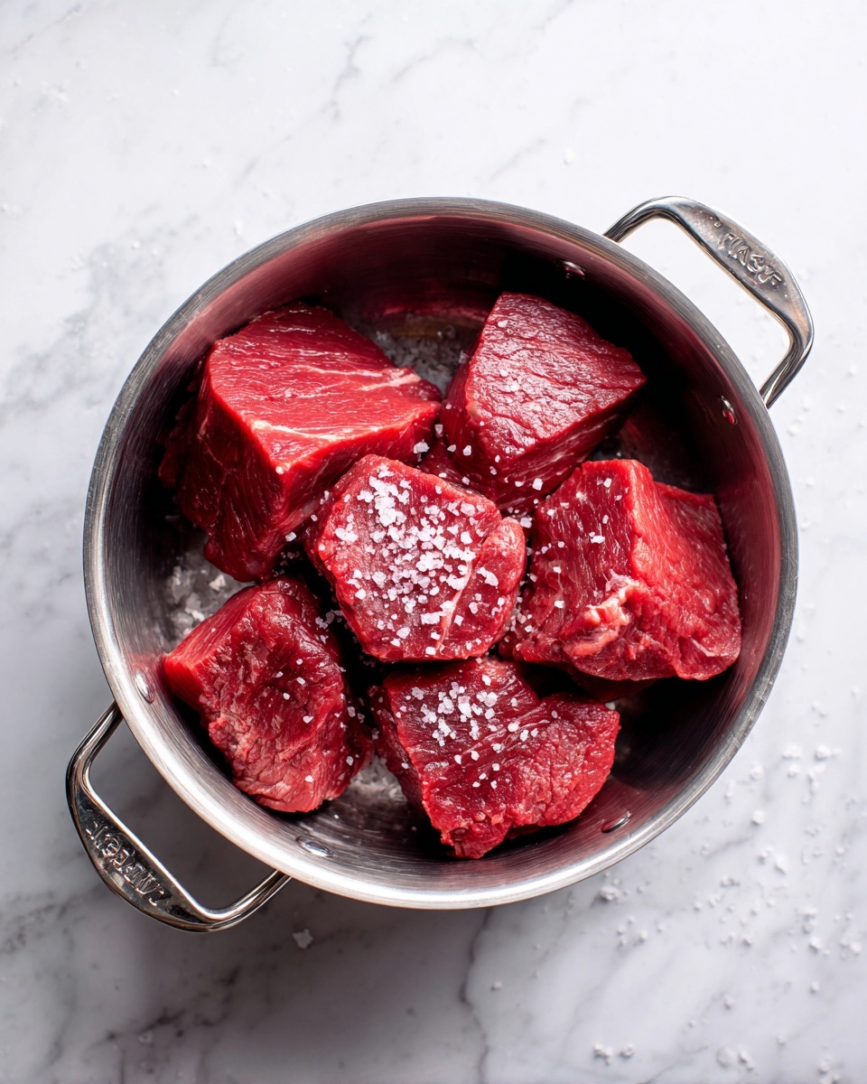 Inside a silver metal pot, there are several large flat pieces of raw red meat arranged in a circle along the edge and some in the middle, with white salt crystals sprinkled on top. The pot has measurement markings on the inner side, showing Max PC Fill and Half Fill levels. The background and surface under the pot show a white marbled texture. photo taken with an iphone --ar 4:5 --v 7