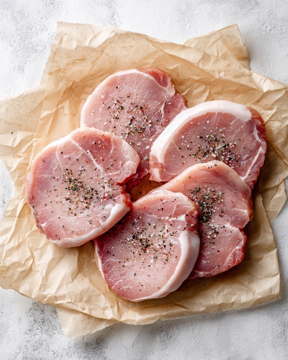 Four raw pork slices lay flat on light brown parchment paper with some black pepper sprinkled on top of each slice. The pork slices have pinkish flesh with white edges of fat around them. The parchment paper is placed on a white marbled surface. photo taken with an iphone --ar 4:5 --v 7