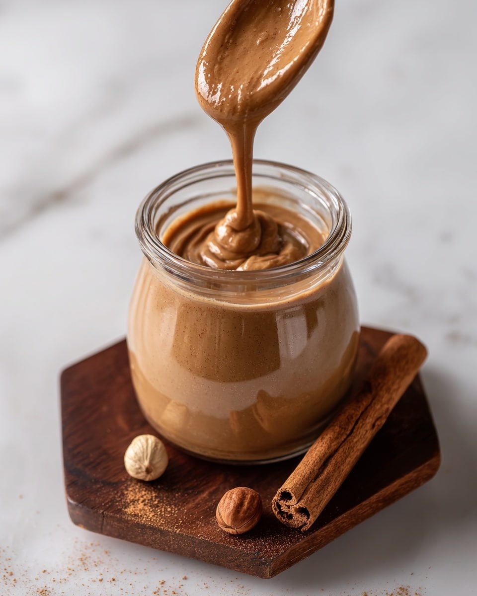 A clear glass jar filled with a thick, smooth light brown creamy liquid that is being poured from above, forming a small swirl on the surface. The jar sits on a dark brown wooden coaster placed on a white marbled background. Next to the coaster is a piece of cinnamon stick and a light beige hazelnut. The texture of the liquid looks glossy and rich without any layers. Photo taken with an iphone --ar 4:5 --v 7