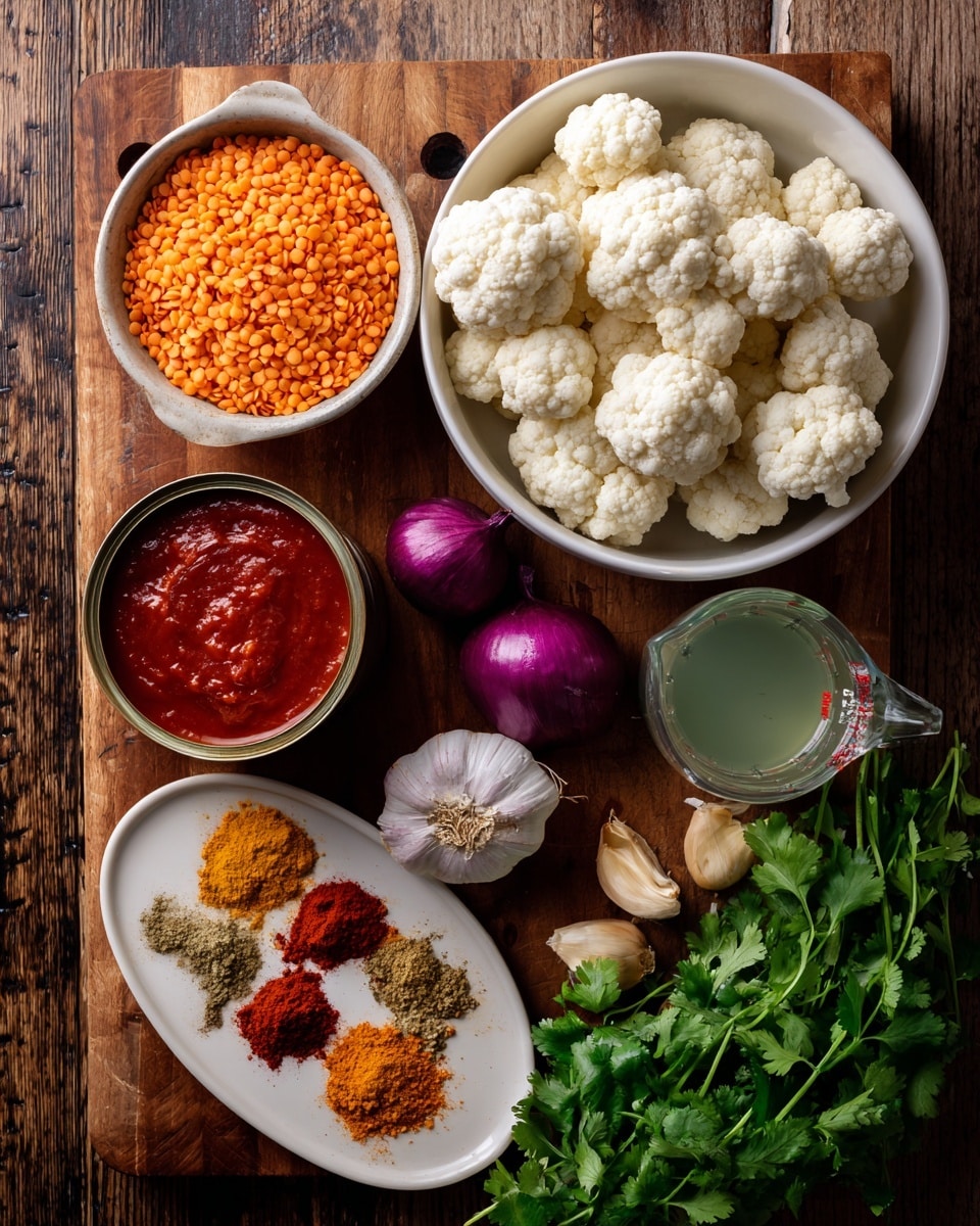 The image shows a wooden board covered with several ingredients. On the top right, there is a large white bowl filled with white cauliflower florets. Next to it on the left, a smaller white bowl contains bright orange lentils. Below the bowls, there are three purple shallots, one whole garlic bulb and two peeled garlic cloves, and a small piece of ginger. A white oval plate in the center bottom holds seven piles of colorful ground spices in shades of yellow, orange, red, and brown. To the left of the spices, there is an open can of tomato sauce with vivid red sauce inside. On the bottom right side, fresh green cilantro leaves spread out across the board, partially covering a measuring cup filled with a light greenish liquid. Photo taken with an iphone --ar 4:5 --v 7