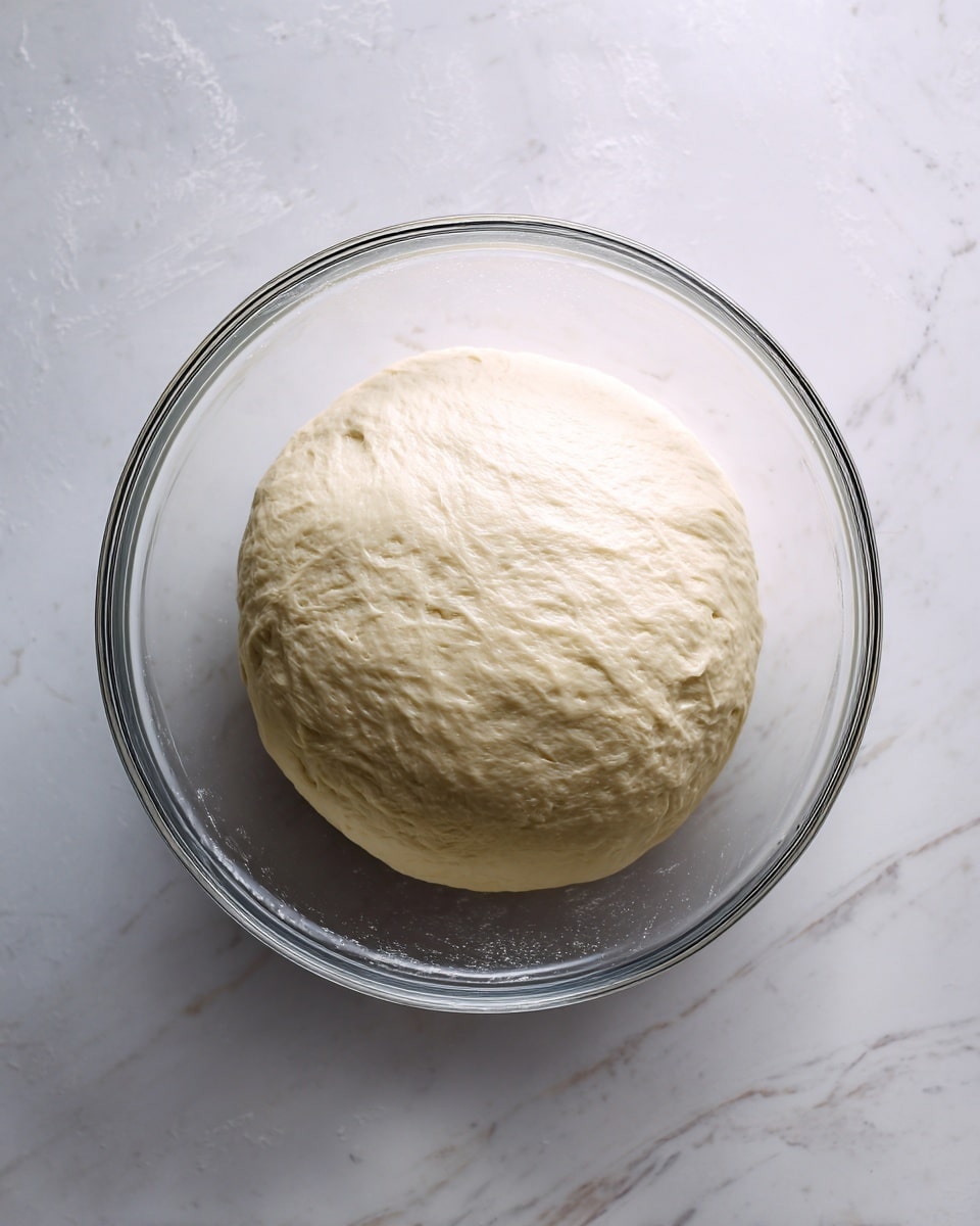 A single smooth ball of dough with a slightly shiny and soft texture sits in the center of a large clear glass bowl. The dough is pale white in color and evenly rounded. The bowl rests on a white marbled surface that contrasts with the dough’s smoothness. The image is taken from above, showing the dough as the main focus with no other items around it. photo taken with an iphone --ar 4:5 --v 7