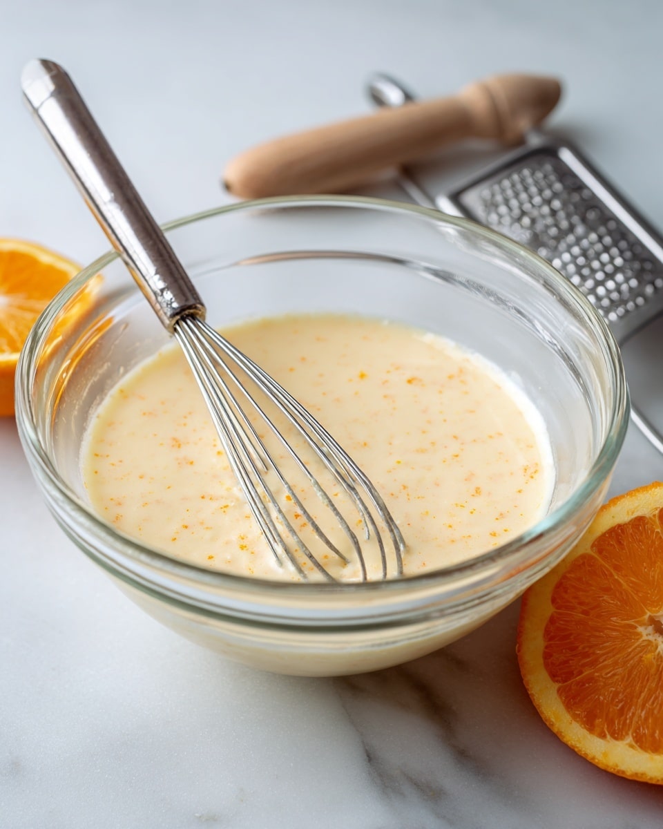 A clear glass bowl in the center holds a smooth, creamy sauce with small orange specks throughout, giving it a light orange and white mixed color. Inside the bowl, a small metal whisk with a springy handle rests in the sauce. Behind the bowl, a silver grater with a wooden handle lies flat on a white marbled surface. In the lower right corner, there is a half orange fruit showing its juicy, bright orange inside. The scene has a clean, simple look with soft lighting. Photo taken with an iphone --ar 4:5 --v 7