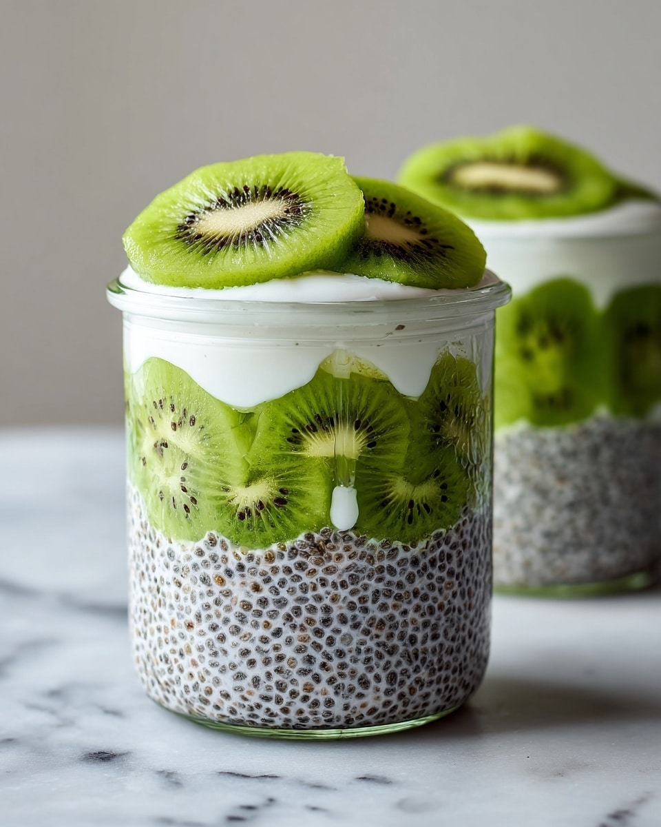 The image shows two clear glass jars filled with layers of chia pudding and bright green kiwi slices. In the front jar, the bottom layer is made of green kiwi pieces evenly lined against the glass. Above this is a thick layer of dark chia pudding with small seeds visible, filling most of the jar. The top layer is a smooth, white cream that slightly drips down the side of the glass. On top of the cream, fresh kiwi slices are placed, adding a fresh green touch. In the background, another jar is blurred but shows similar layers of kiwi and chia pudding. The jars are placed on a white marbled surface. photo taken with an iphone --ar 4:5 --v 7