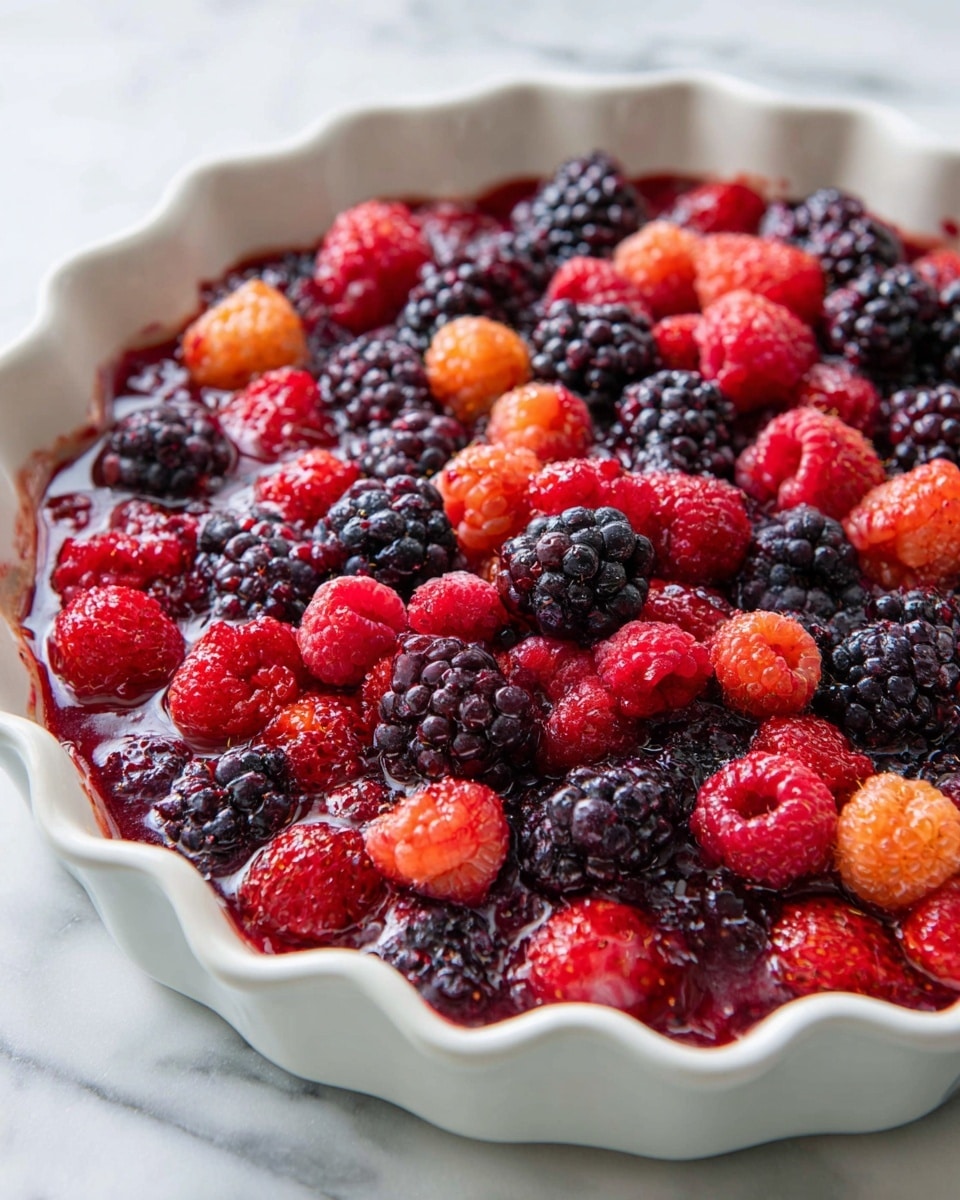 The image shows a white ceramic dish full of mixed berries. The top layer is made up of blackberries, red raspberries, and orange-tinted raspberries. The berries are juicy and shiny, with some slight crushed pieces releasing red juice that pools at the bottom of the dish. The dish has a scalloped edge and sits on a white marbled surface. The colors are bright and vivid, with deep purples, reds, and pinks blending together naturally. photo taken with an iphone --ar 4:5 --v 7