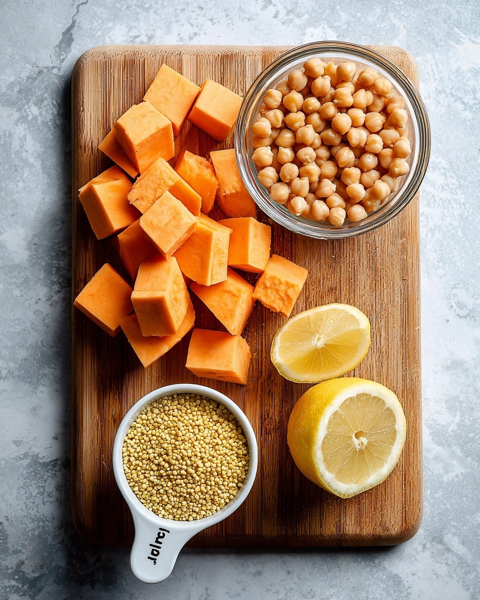 The image shows a wooden cutting board on a white marbled surface with four ingredients arranged neatly. On the left side of the board are bright orange cubes of sweet potato piled together, showing a smooth texture. To the top right is a clear glass bowl filled with round, light brown chickpeas. Below the bowl is a white measuring cup marked