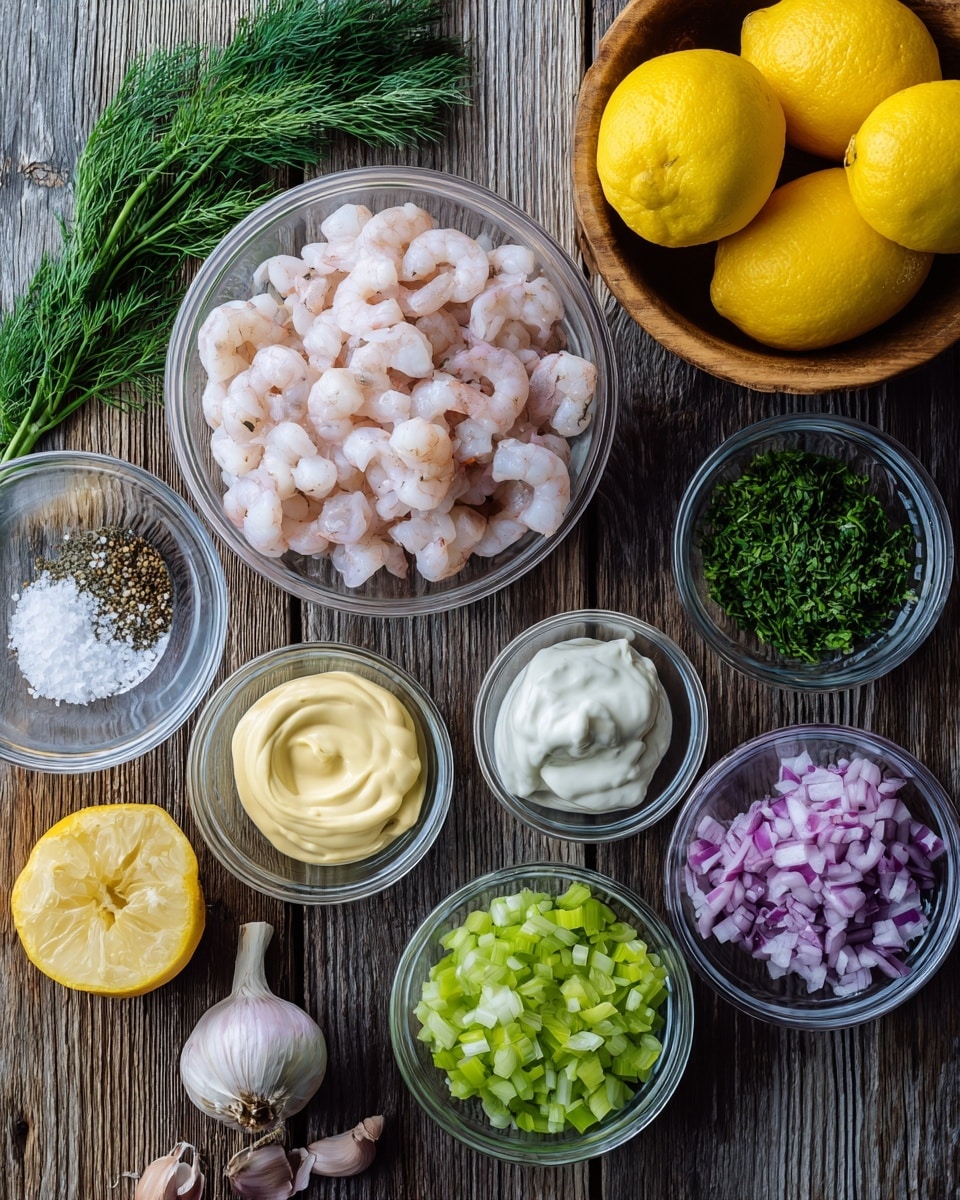 A top view of several small clear glass bowls arranged neatly on a dark rustic wood surface, each bowl holding a different ingredient: pale pink shrimp clustered together, bright green diced celery pieces, finely chopped purple onions, creamy white mayonnaise swirled smoothly, a pale yellow smooth mustard, finely minced fresh green dill, small minced white garlic pieces, a clear liquid in a bowl, white salt crystals, and dark ground pepper; next to the bowls are halved bright yellow lemons and a whole small light purple garlic bulb, with a wooden bowl filled with whole yellow lemons at the top right corner, all placed on a white marbled texture background. photo taken with an iphone --ar 4:5 --v 7