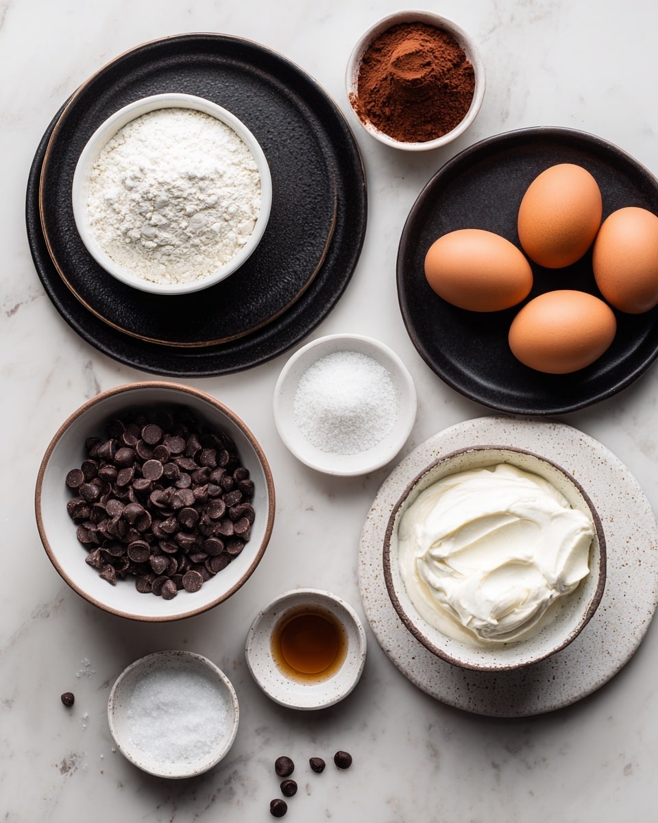 The image shows various baking ingredients arranged on a white marbled surface. There are two round black plates, one bigger with three brown eggs, a white bowl of cocoa powder, and a smaller bowl of white powder, and one smaller black plate with a white bowl filled with chocolate chips spilling onto the plate. Around the plates are separate small white bowls holding granulated sugar, a light syrup or honey, and a larger bowl with a white creamy substance, likely cream cheese or whipped cream. A small stone plate holds baking powder and salt, all presented neatly and visually balanced. Photo taken with an iphone --ar 4:5 --v 7