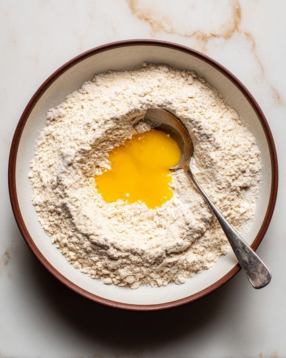 A white bowl with a brown rim is filled with light beige flour spread evenly inside, creating a dry textured layer. In the middle of the flour, there is a pool of bright yellow beaten eggs with a smooth and shiny surface resting in a small hollow. A shiny metal spoon lies at the edge of the flour on the right side, partially dipped into the flour. The bowl sits on a surface with a white marbled texture. photo taken with an iphone --ar 4:5 --v 7