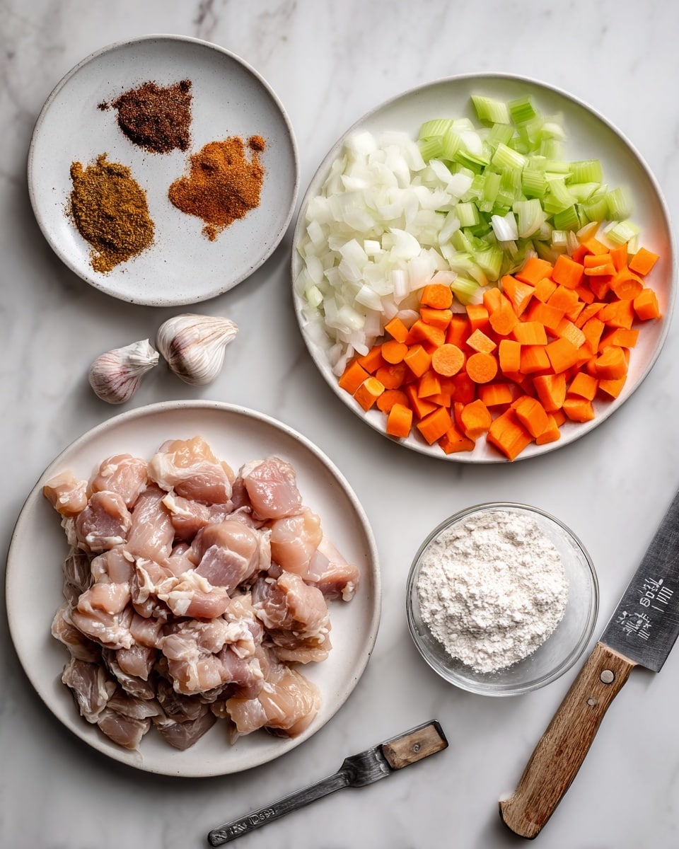 The image shows four white dishes arranged on a white marbled surface. The top right plate holds four piles of chopped vegetables: bright orange carrots, white onions, light green celery, and a small portion of minced garlic. Below it, a larger plate carries irregular pieces of raw chicken meat sprinkled with dark brown spices. To the top left, a small plate contains five mounds of dry spices and salt with colors ranging from light brown to dark brown and reddish. Near the bottom right, a clear measuring spoon is filled with white flour next to a knife with a wooden handle. Photo taken with an iphone --ar 4:5 --v 7